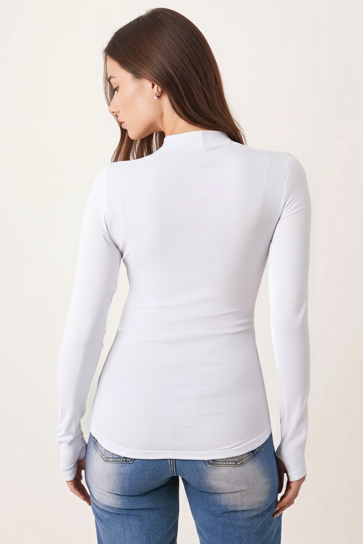 Kadın Beyaz Yarım Balıkçı Parmak Geçmeli Body ARM-26K135002