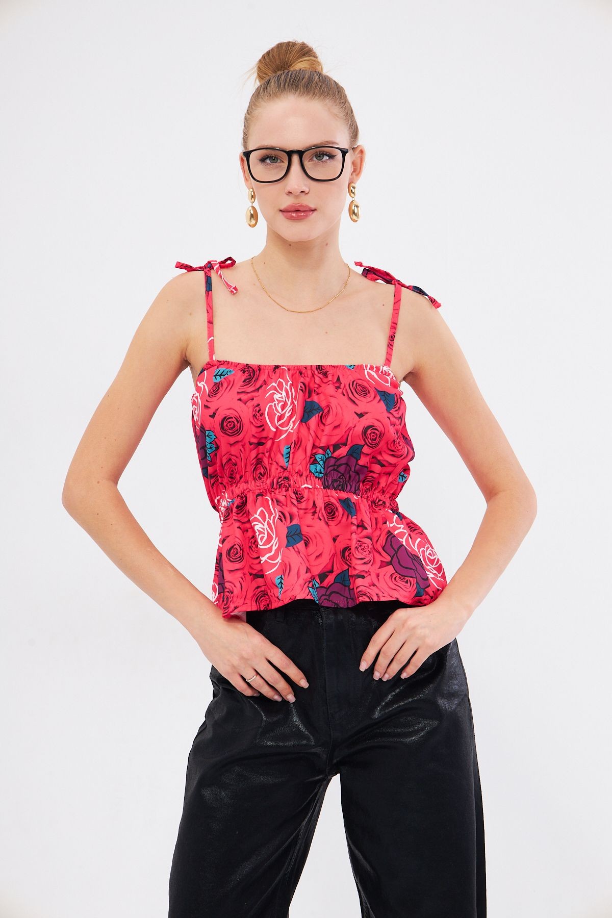 Kadın Koyu Pembe Desenli Beli Lastikli Askıları Bağlama Detaylı Straplez Crop Bluz ARM-24Y001116