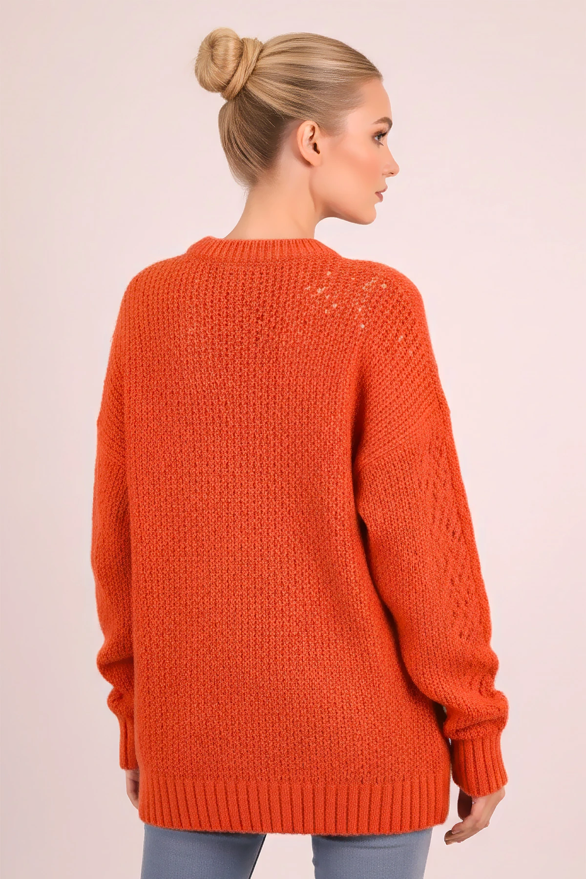 Kadın Oranj Saç Örgü Delikli Triko Kazak ARM-26K136083