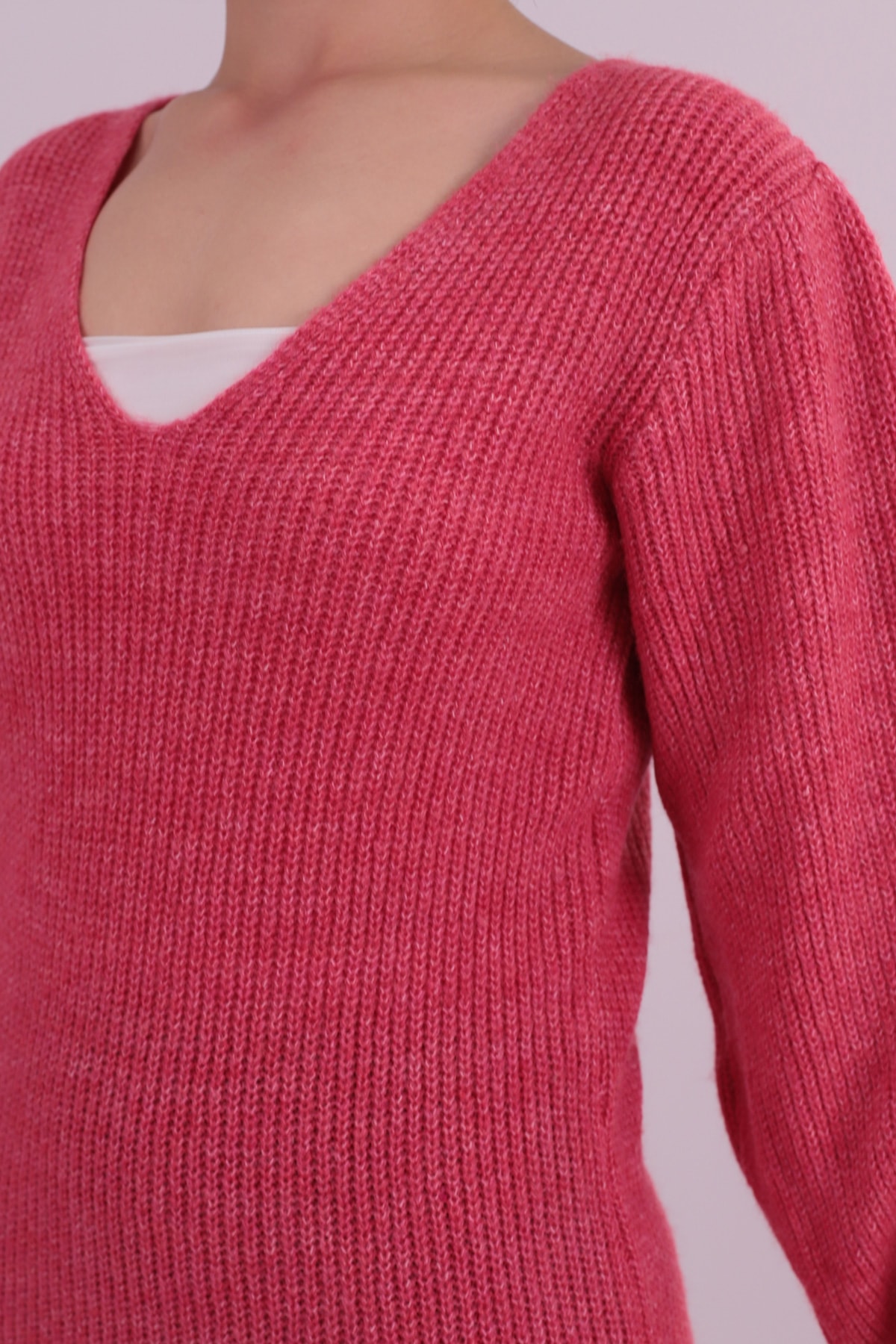 Kadın Fuşya V Yaka Etek Ucu Pullu Triko Elbise ARM-26K136016