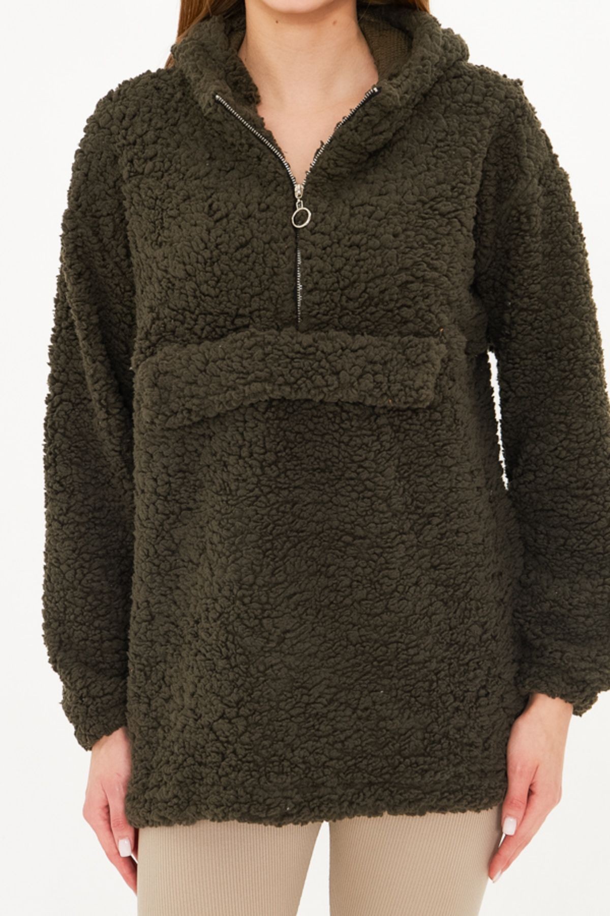 Kadın Haki Kapüşonlu Cep Kapaklı Peluş Sweatshirt ARM-25K001090