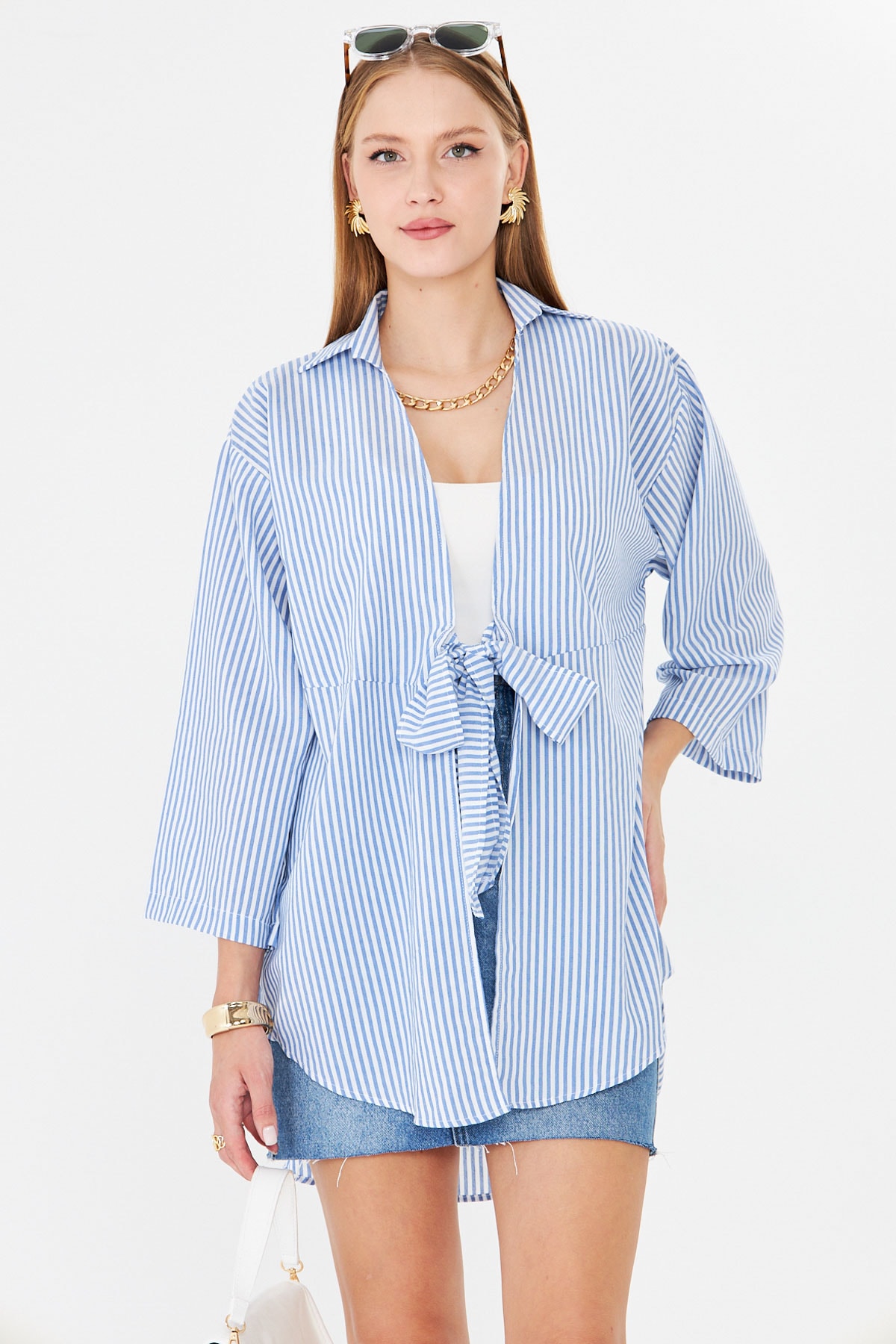 Kadın Mavi Çizgili Önden Bağlamalı Kimono Gömlek ARM-25Y001085