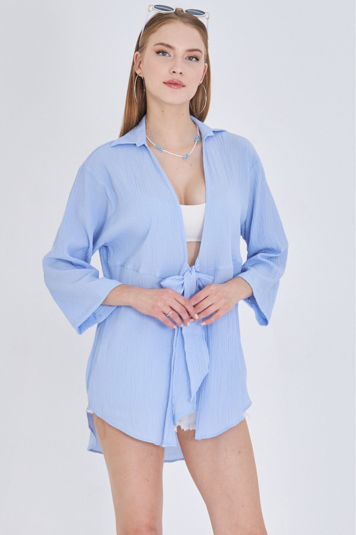 Kadın Bebe Mavi Keten Görünümlü Önden Bağlamalı Kimono Gömlek ARM-24Y001063