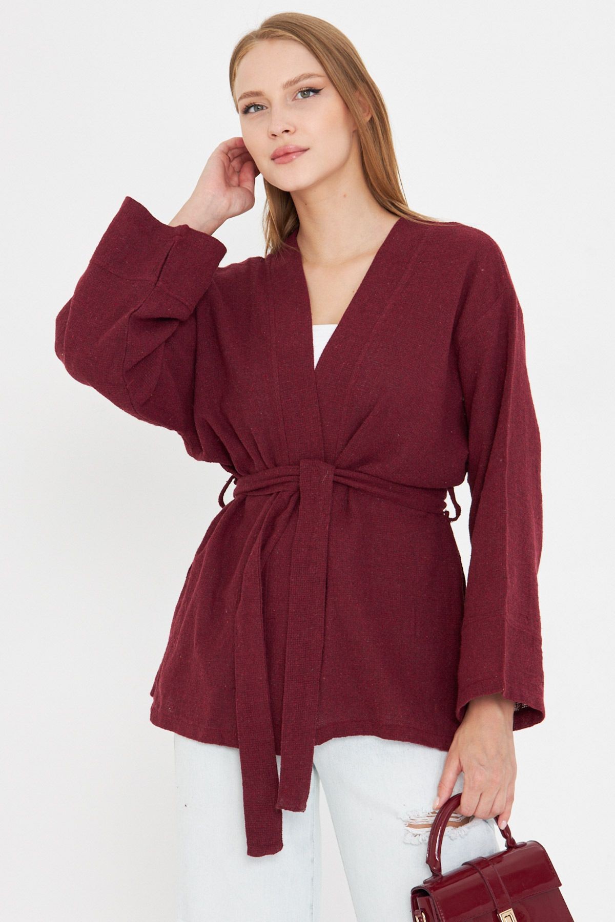 Kadın Bordo Kemerli Kimono ARM-25Y001073