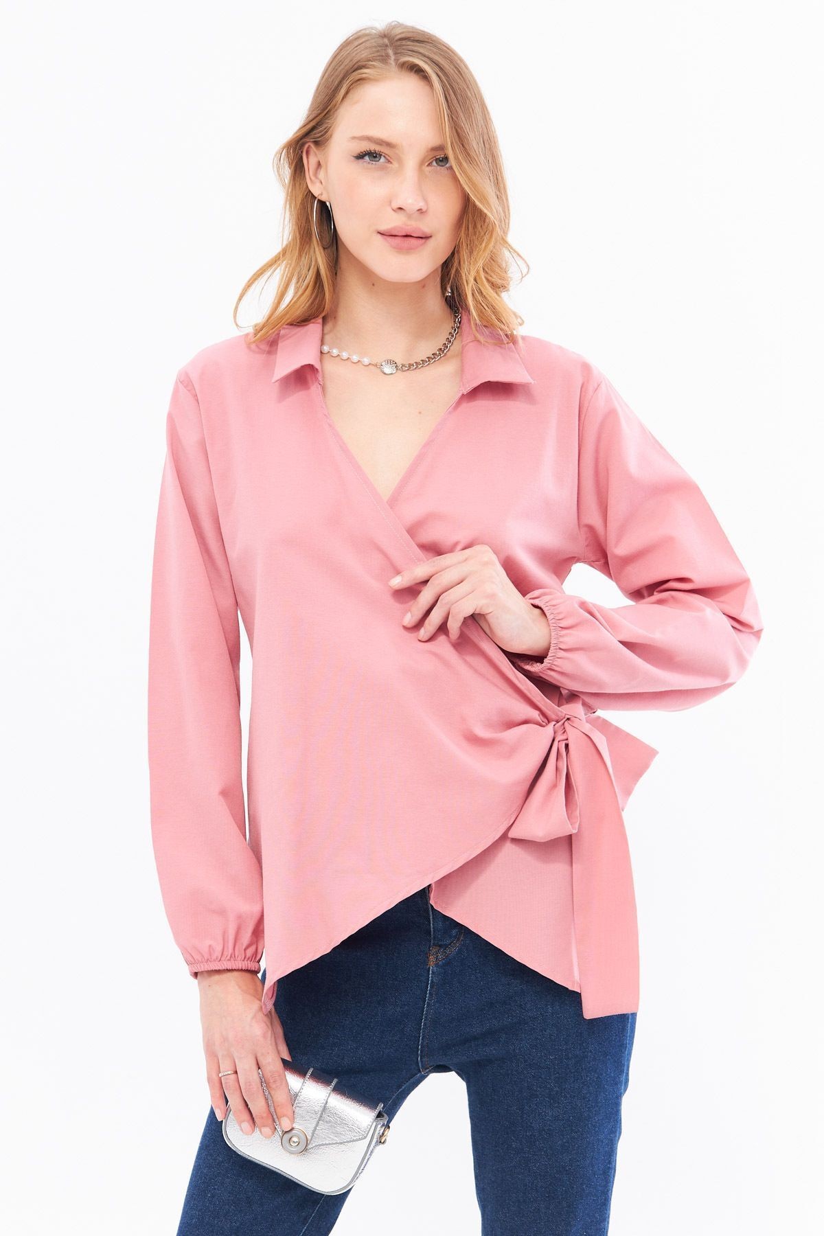 Kadın Açık Pembe Yakalı Kruvaze Bluz ARM-22Y024025