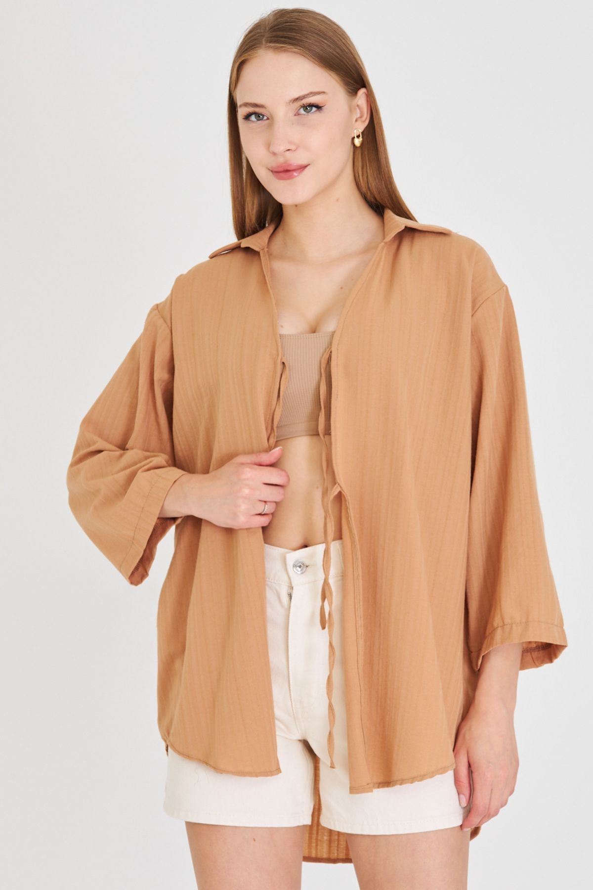 Kadın Camel Gömlek Yakalı Önden Bağcıklı Kimono Gömlek ARM-25K001006