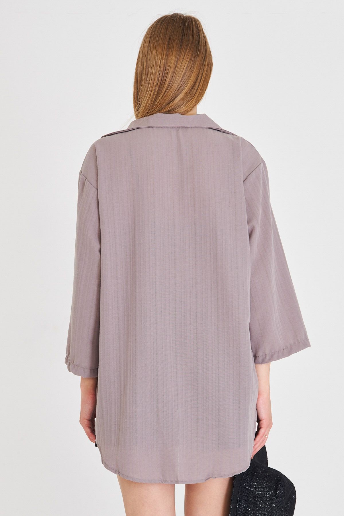 Kadın Gri Gömlek Yakalı Önden Bağcıklı Kimono Gömlek ARM-25K001006
