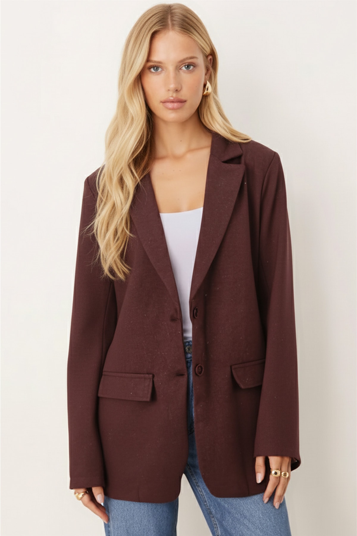 Kadın Kahve Erkek Yaka Cep Kapaklı Vatkalı Oversize Kaşe Ceket ARM-26K001044