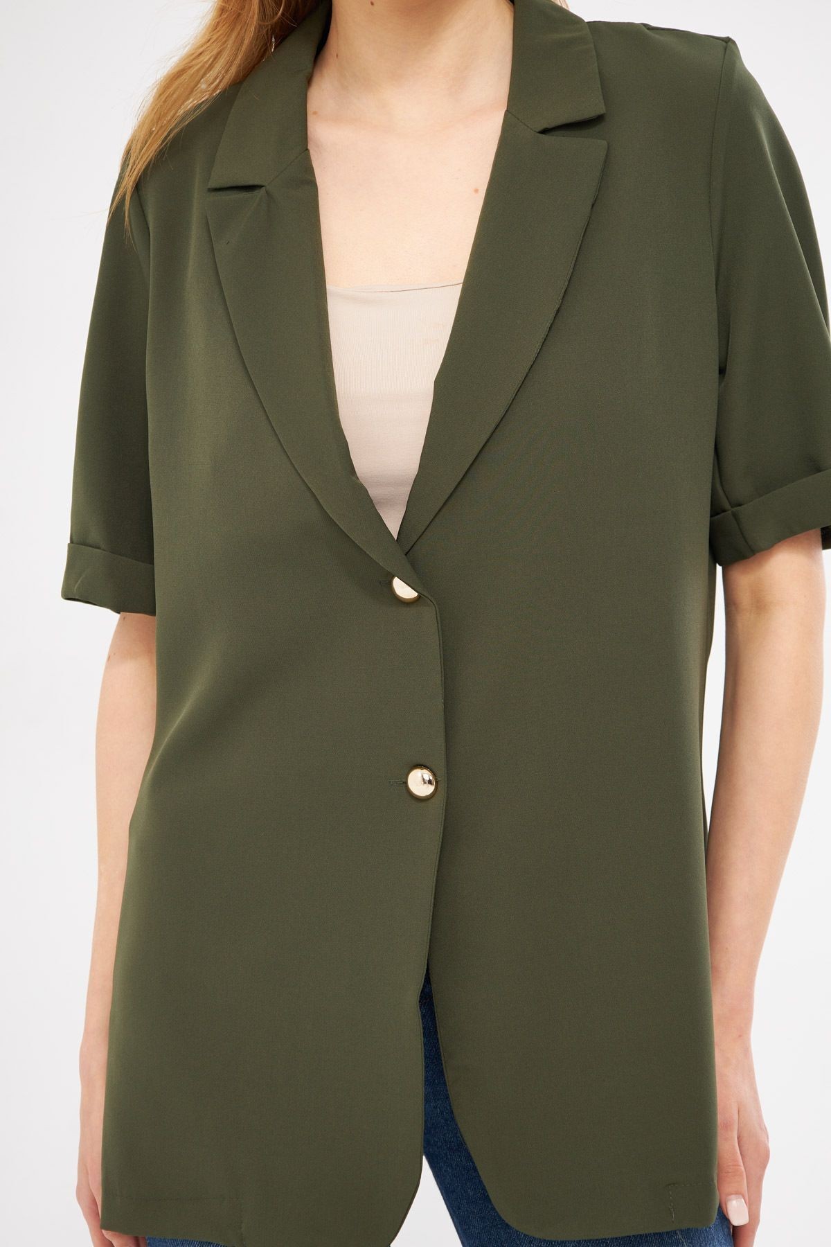Kadın Haki Kısa Kol İki Düğmeli Oversize Ceket ARM-23Y001034