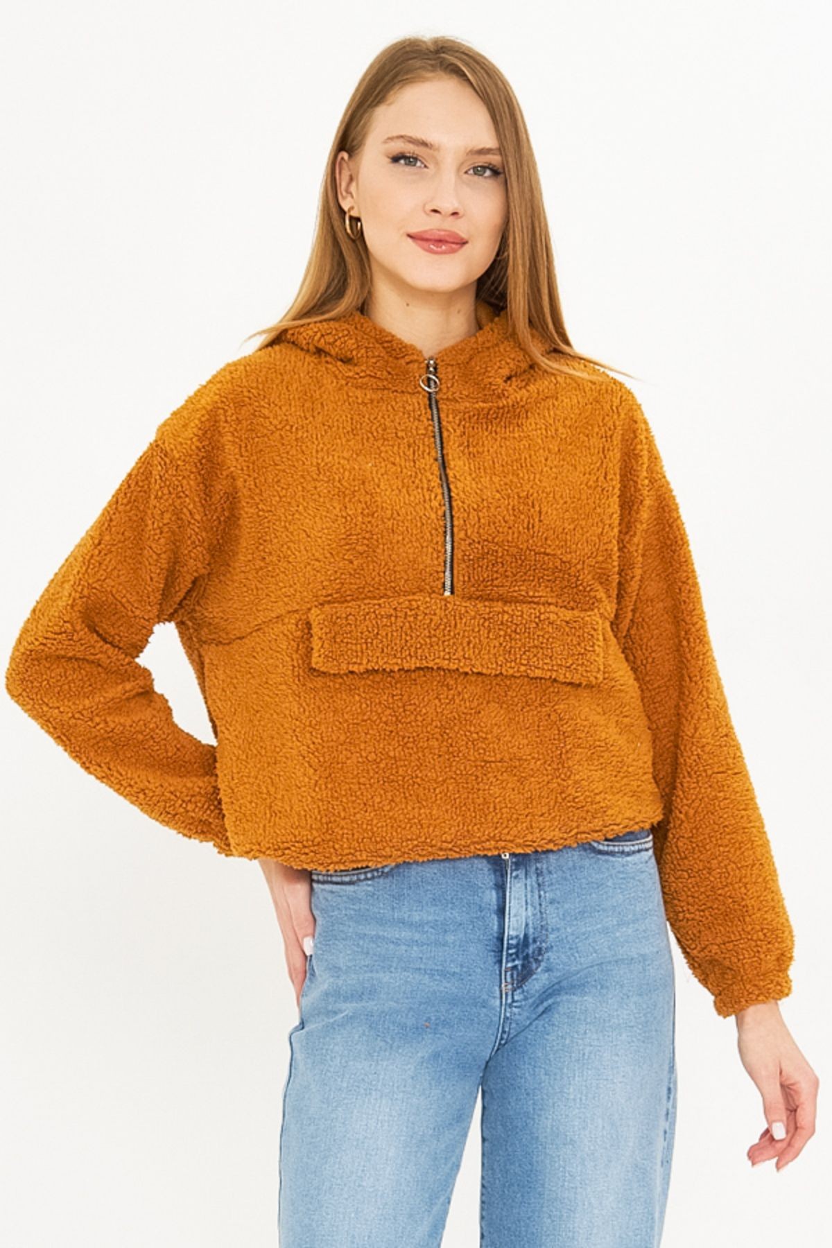 Kadın Camel Kapüşonlu Cep Kapaklı Peluş Sweatshirt ARM-25K001090