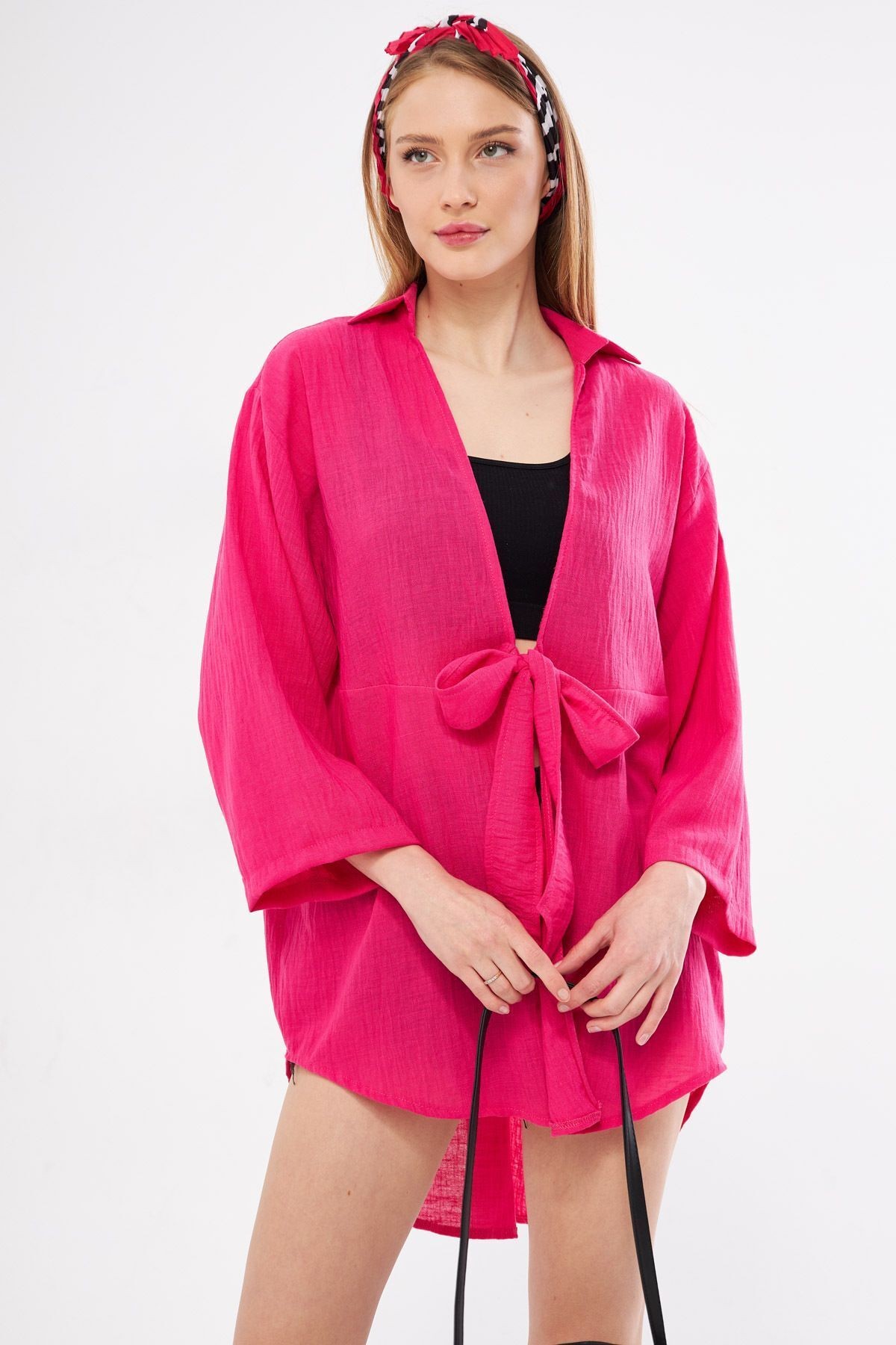 Kadın Fuşya Keten Görünümlü Önden Bağlamalı Kimono Gömlek ARM-24Y001063