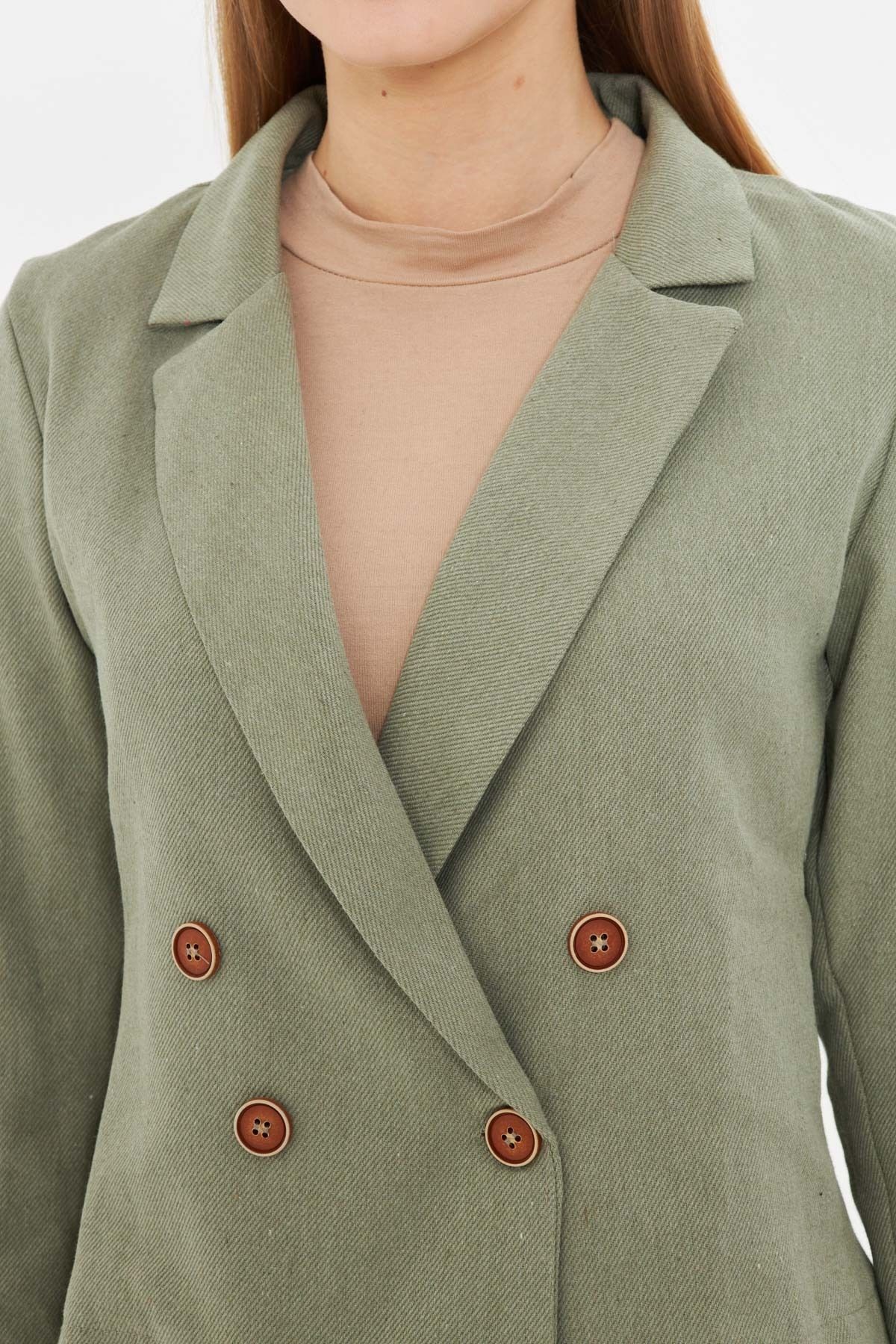 Kadın Haki Kruvaze Yaka Gabardin Crop Ceket ARM-24Y001010