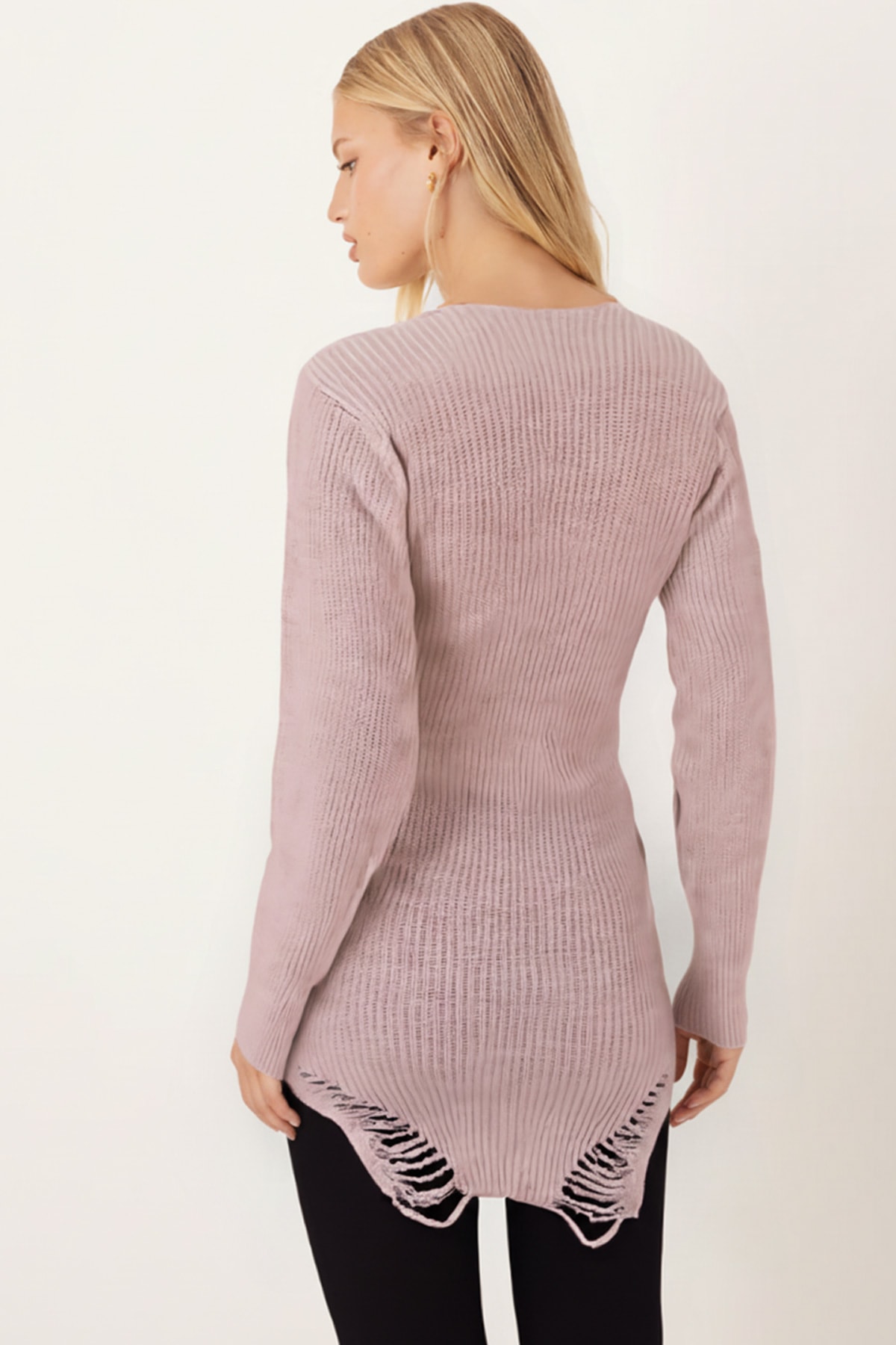 Kadın Taş V Yaka Etek Ucu Yırtıklı Triko Elbise ARM-26K136008