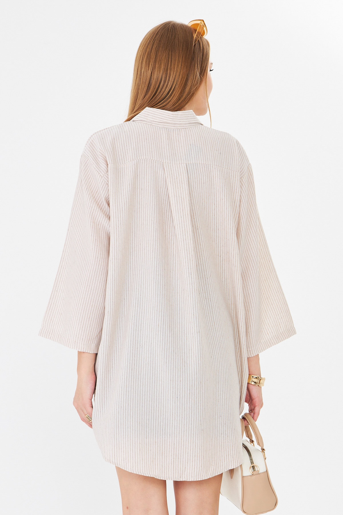 Kadın Bej Çizgili Önden Bağlamalı Kimono Gömlek ARM-25Y001085