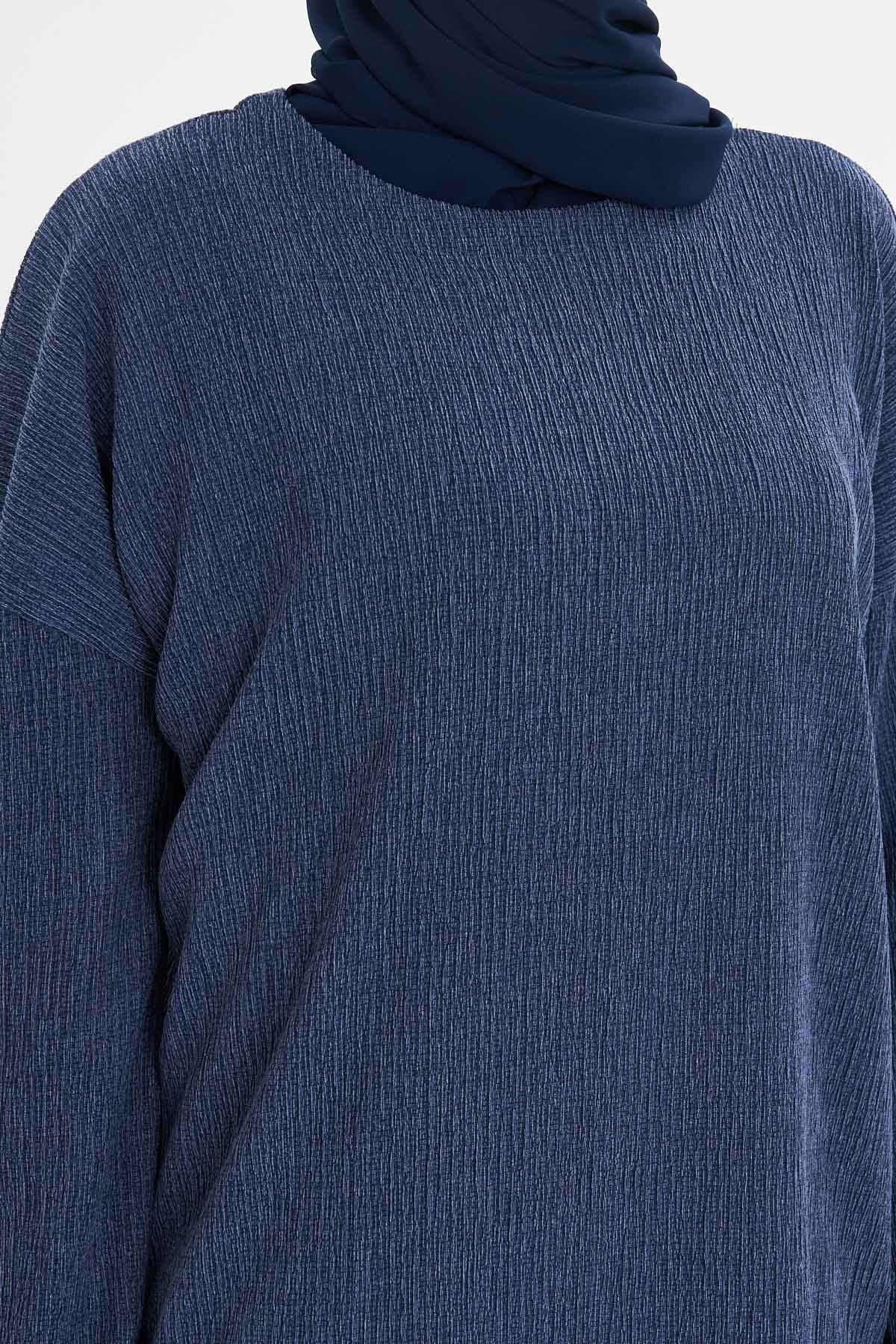 Kadın Lacivert Sıfır Yaka Kol Lastikli Yanı Yırtmaçlı Pantolonlu Tesettür İkili Takım ARM-25K001109
