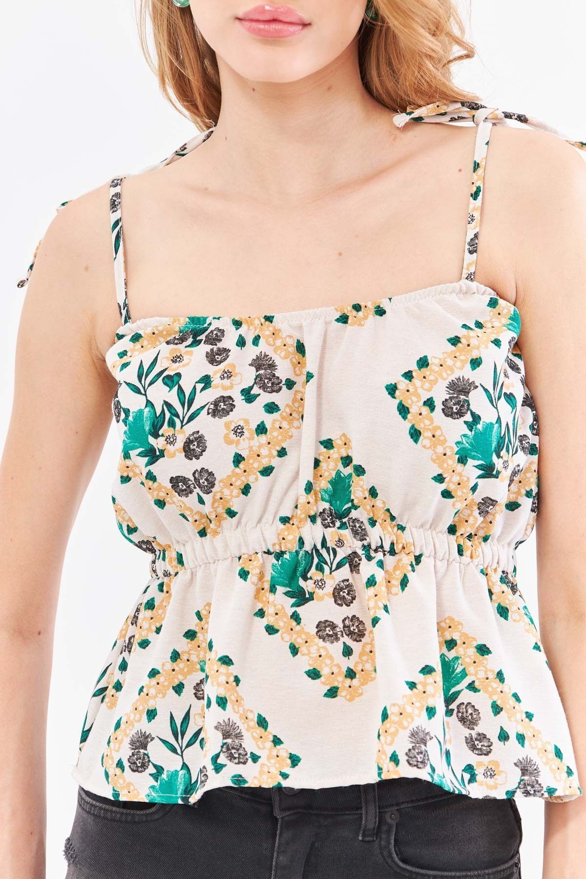 Kadın Koyu Yeşil Desenli Keten Görünümlü Beli Lastikli Askıları Bağlamalı Straplez Crop Bluz