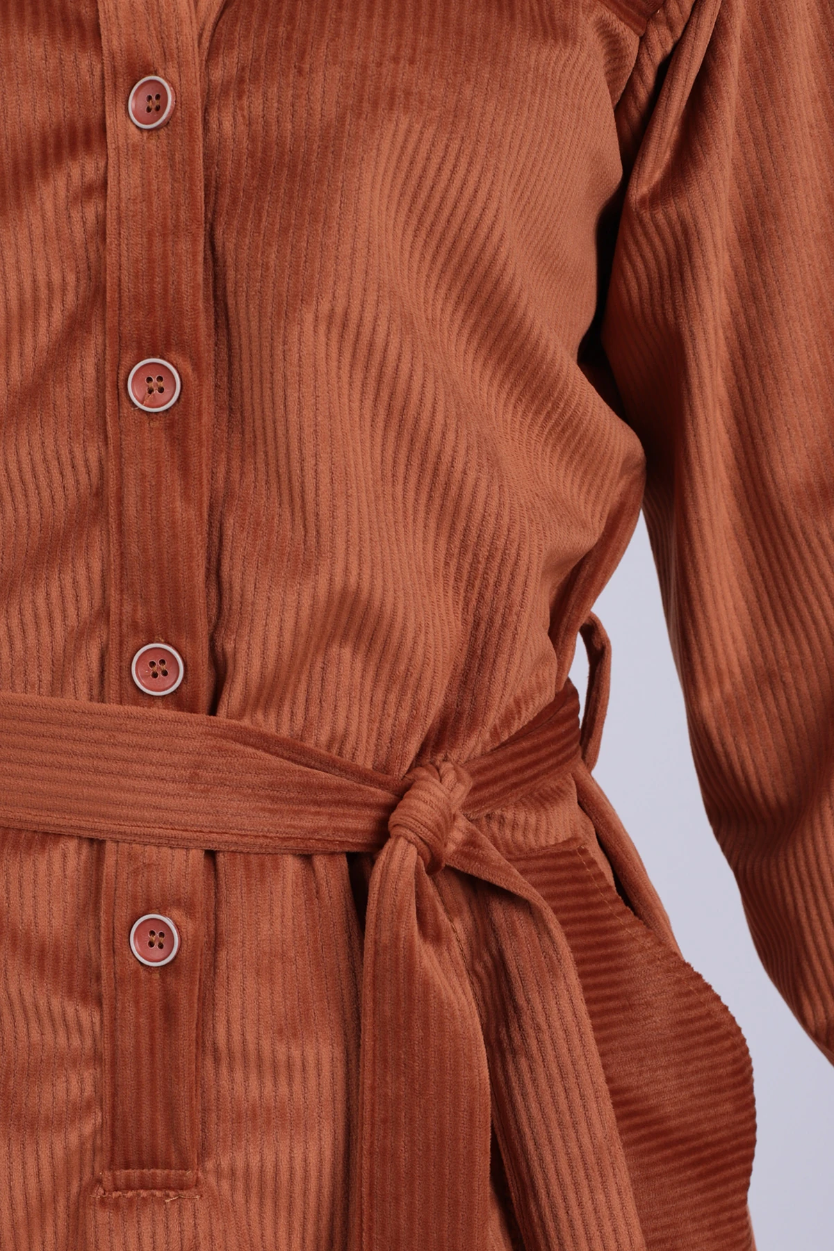 Kadın Taba Önden Düğmeli Cepli Kuşaklı Kadife Elbise ARM-25K001085