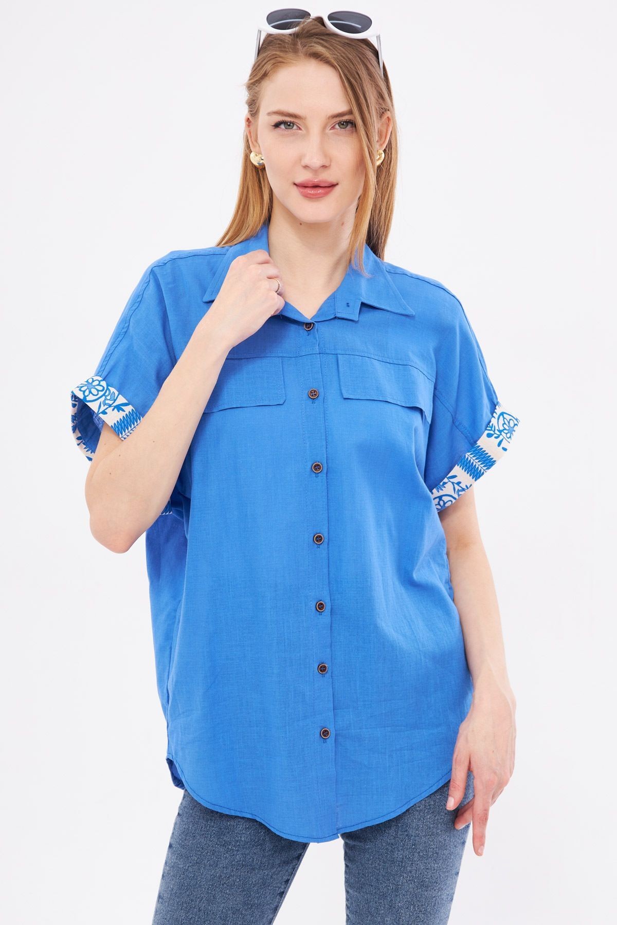 Kadın Mavi Oversize Duble Kol Detaylı Gömlek ARM-24Y001075