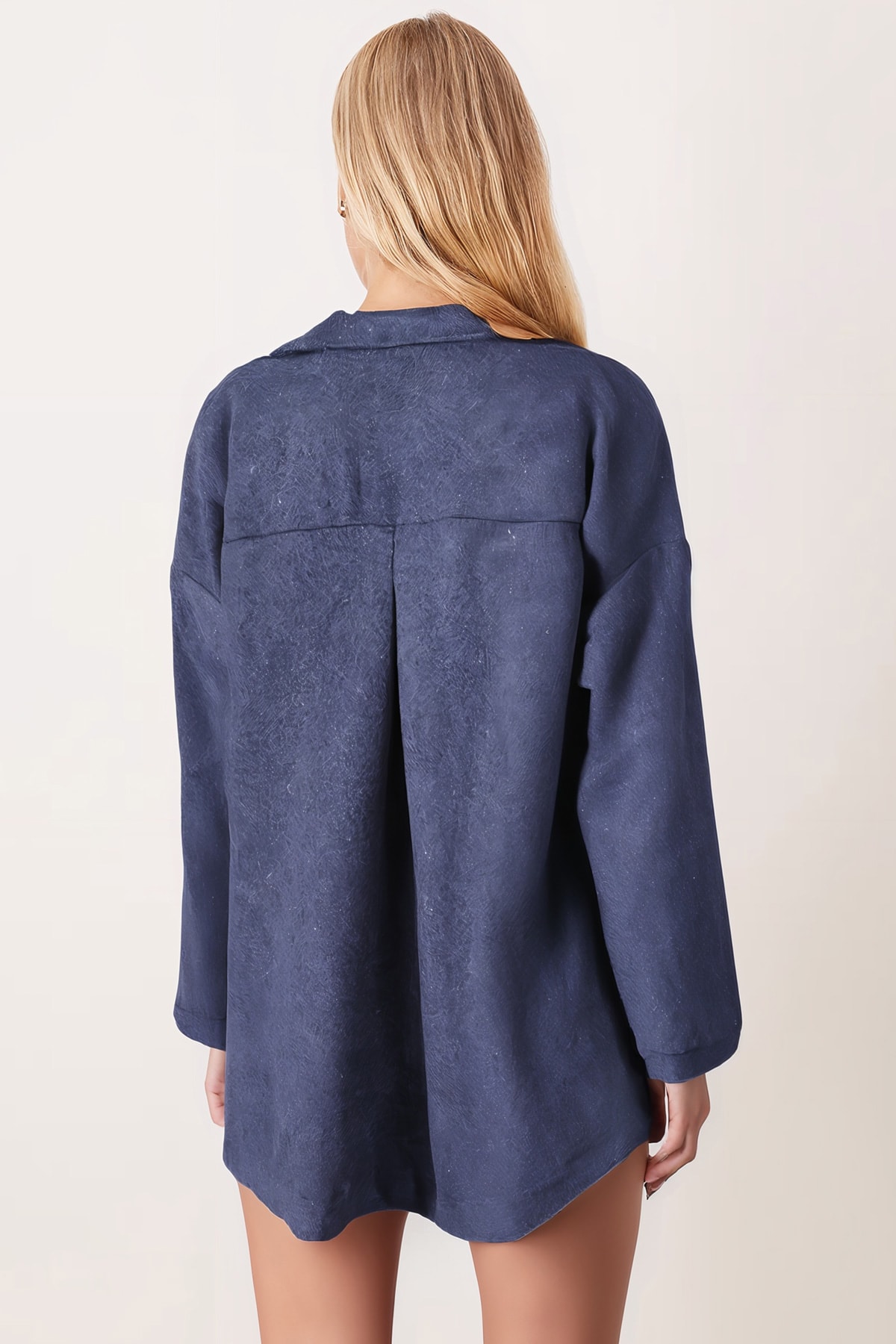 Kadın Koyu Mavi Erkek Yaka Yanları Yırtmaçlı Oversize Ceket ARM-26K001009