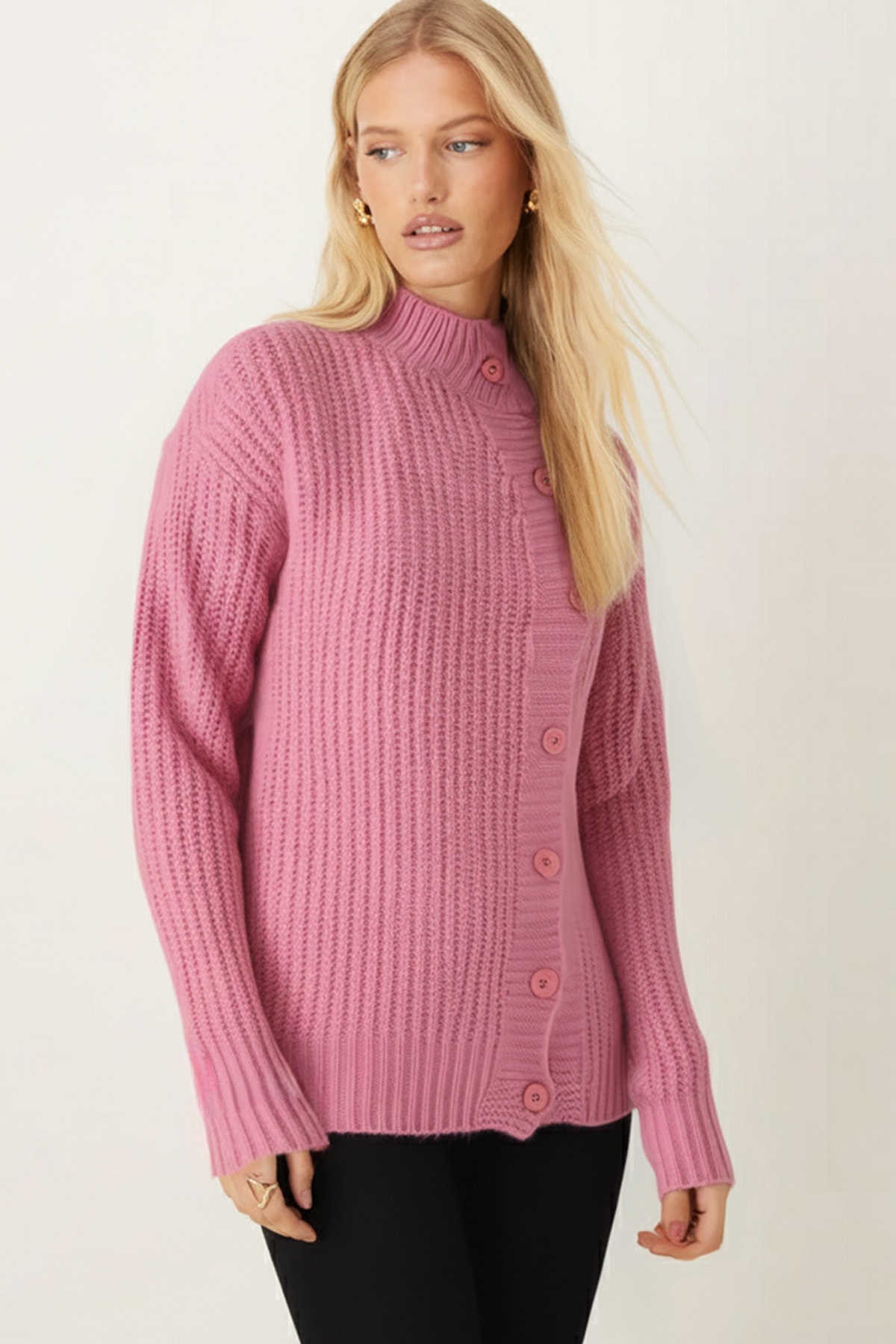 Kadın Pembe Yandan Düğme Detaylı Triko Hırka ARM-26K136030