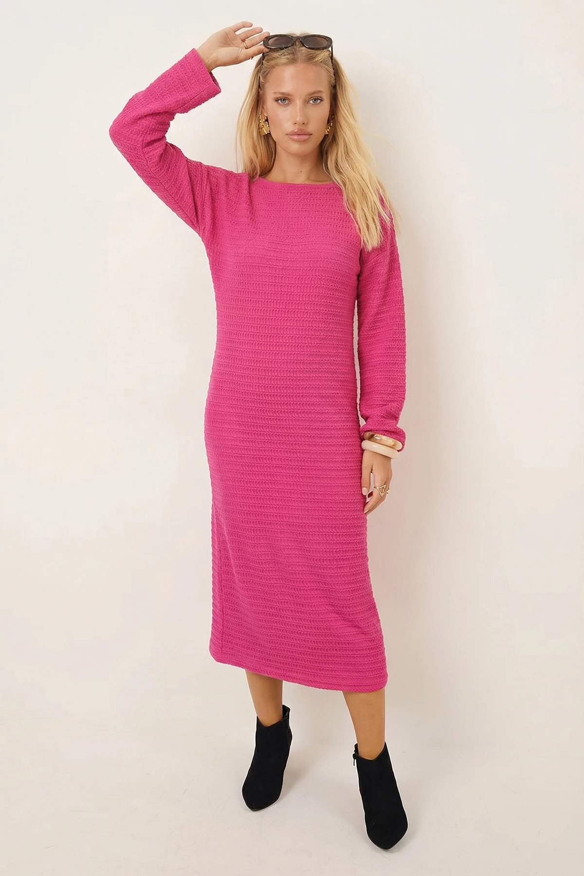 Kadın Fuşya Uzun Kollu Yumuşak Dokulu Salaş Elbise ARM-26K001078