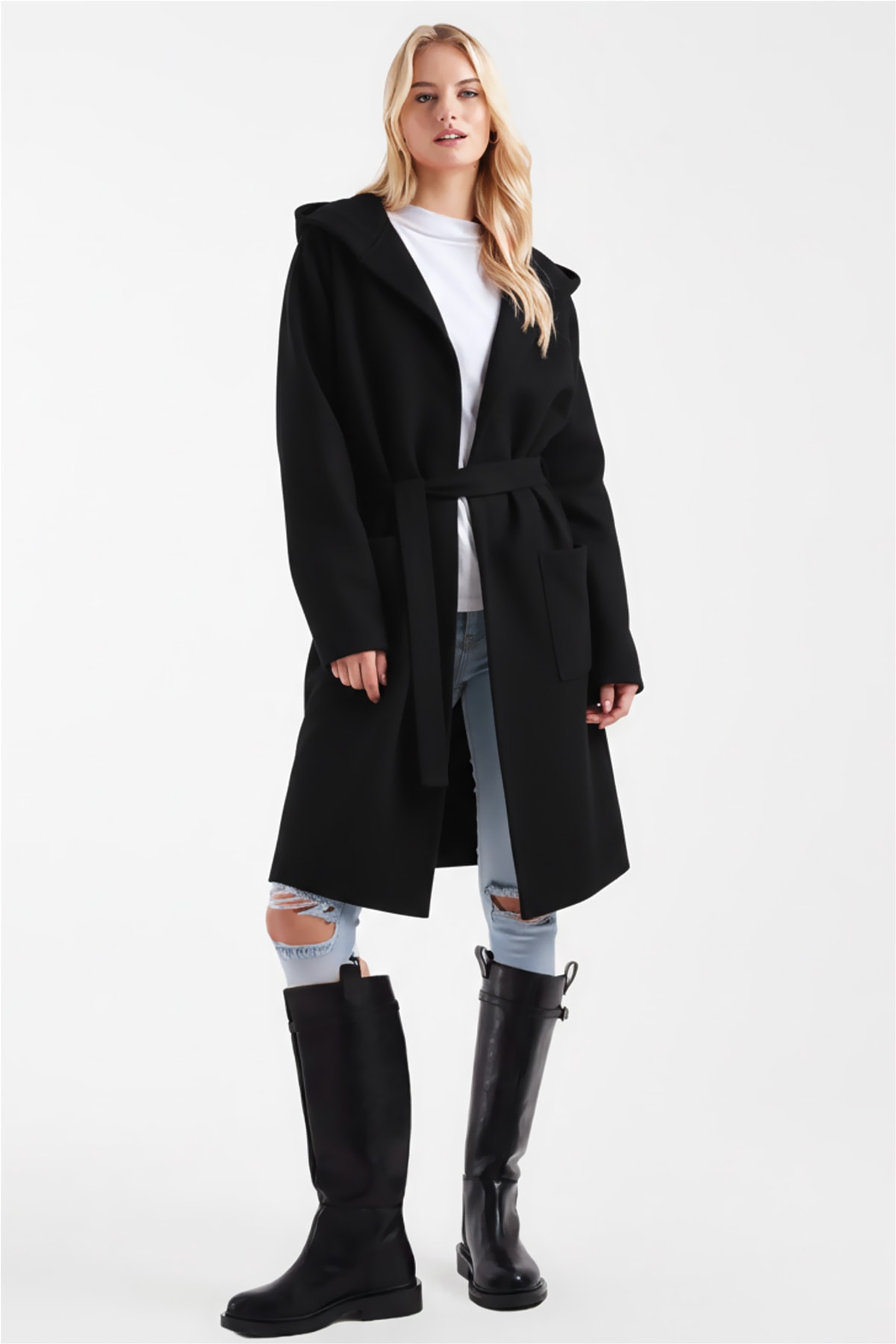 Kadın Siyah Beli Kuşaklı Cepli Kapüşonlu Oversize Kaşe Kaban ARM-26K001025