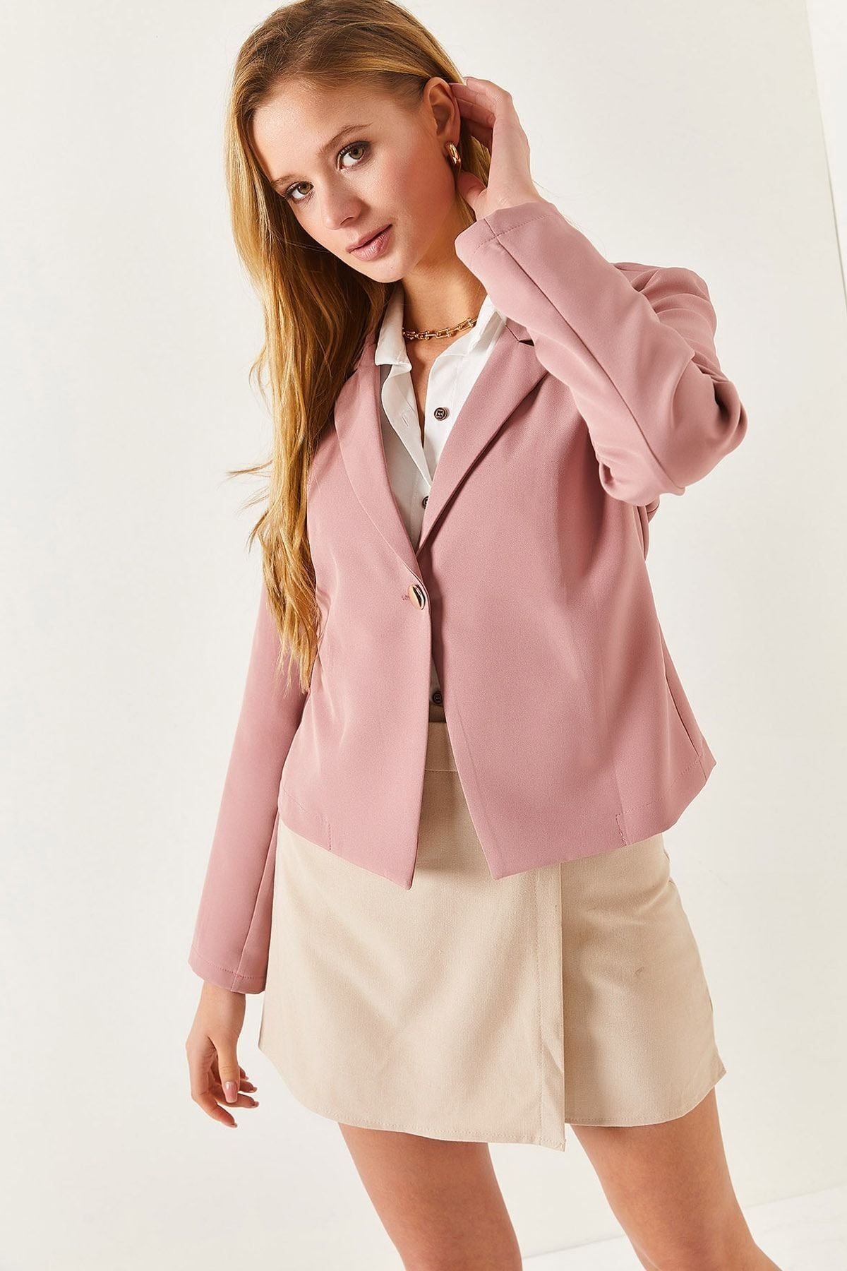 Kadın Gül Kurusu Tek Düğmeli Crop Ceket Arm-22y001237
