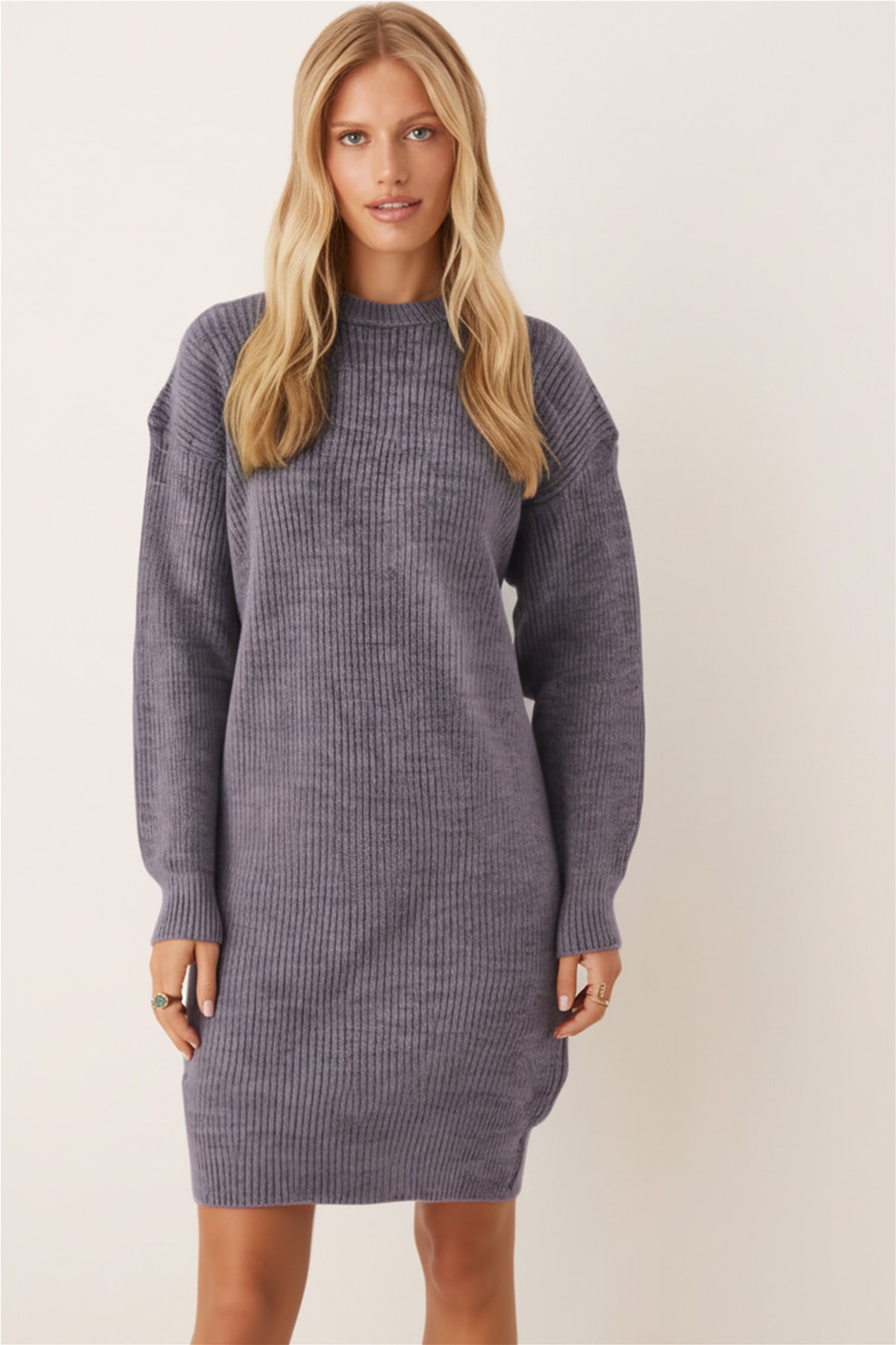 Kadın Gri Bisiklet Yaka Selanik Örgü Triko Elbise ARM-26K136012