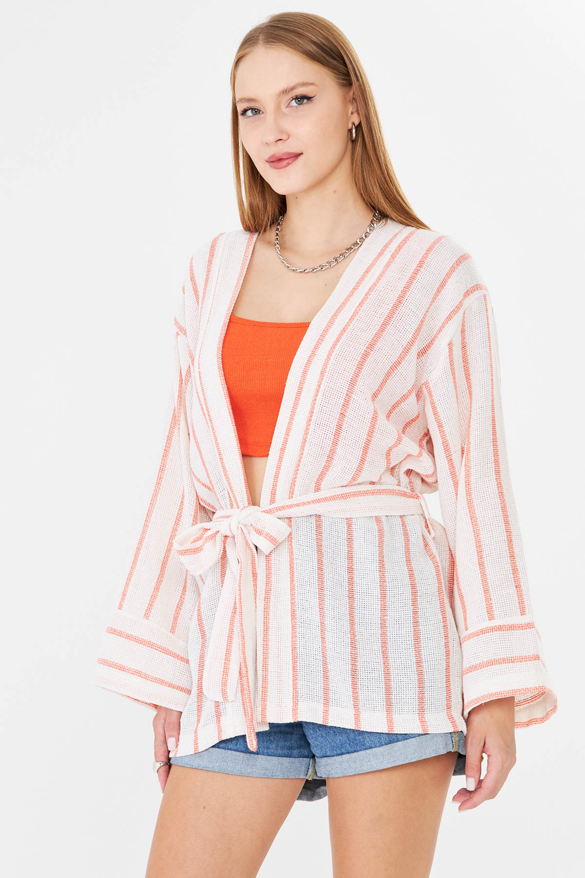 Kadın Turuncu-Beyaz Kemerli Kimono ARM-25Y001073