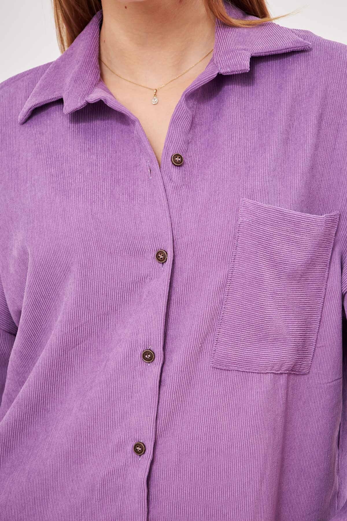 Kadın Lila Cepli Oversize İnce Fitilli Kadife Gömlek ARM-24K001076