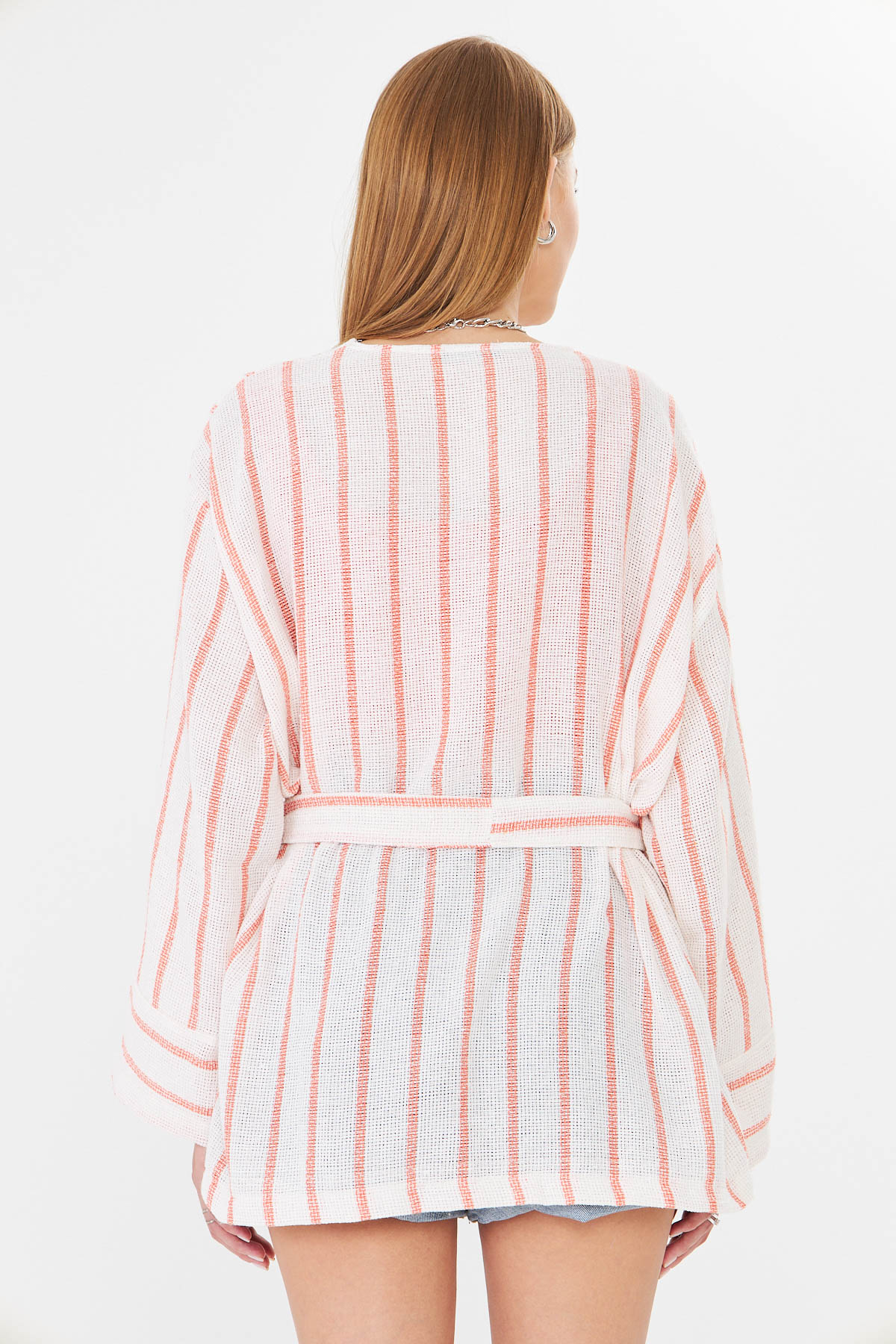 Kadın Turuncu-Beyaz Kemerli Kimono ARM-25Y001073