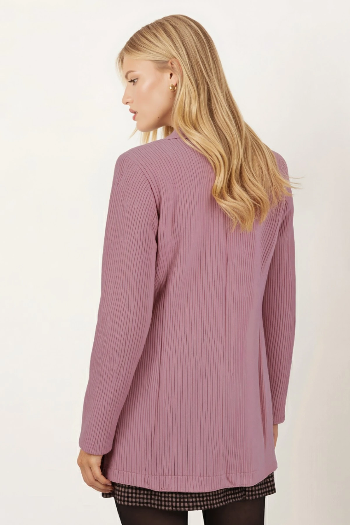 Kadın Pudra Tek Düğmeli Kadife Ceket ARM-24K001043