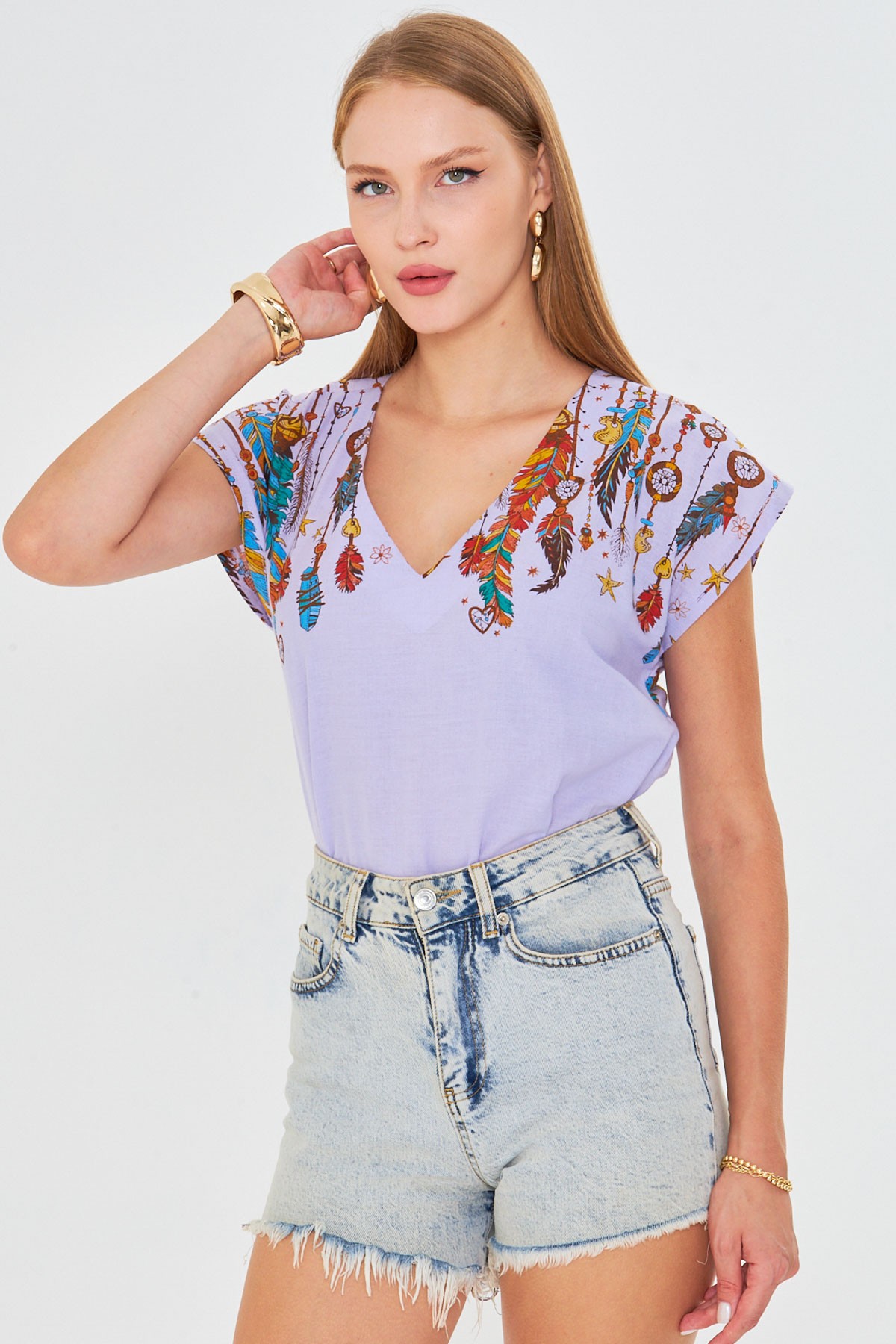Kadın Lila V Yaka Baskılı Bluz ARM-25Y001086
