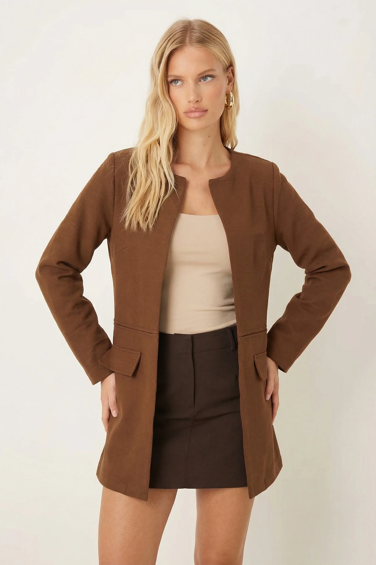 Kadın Koyu Haki Beli Dikişli Uzun Ceket ARM-26K001017