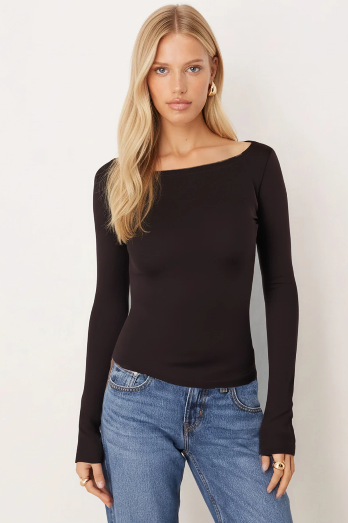 Kadın Kahve Kayık Yaka Uzun Kol Body Bluz ARM-26K135013