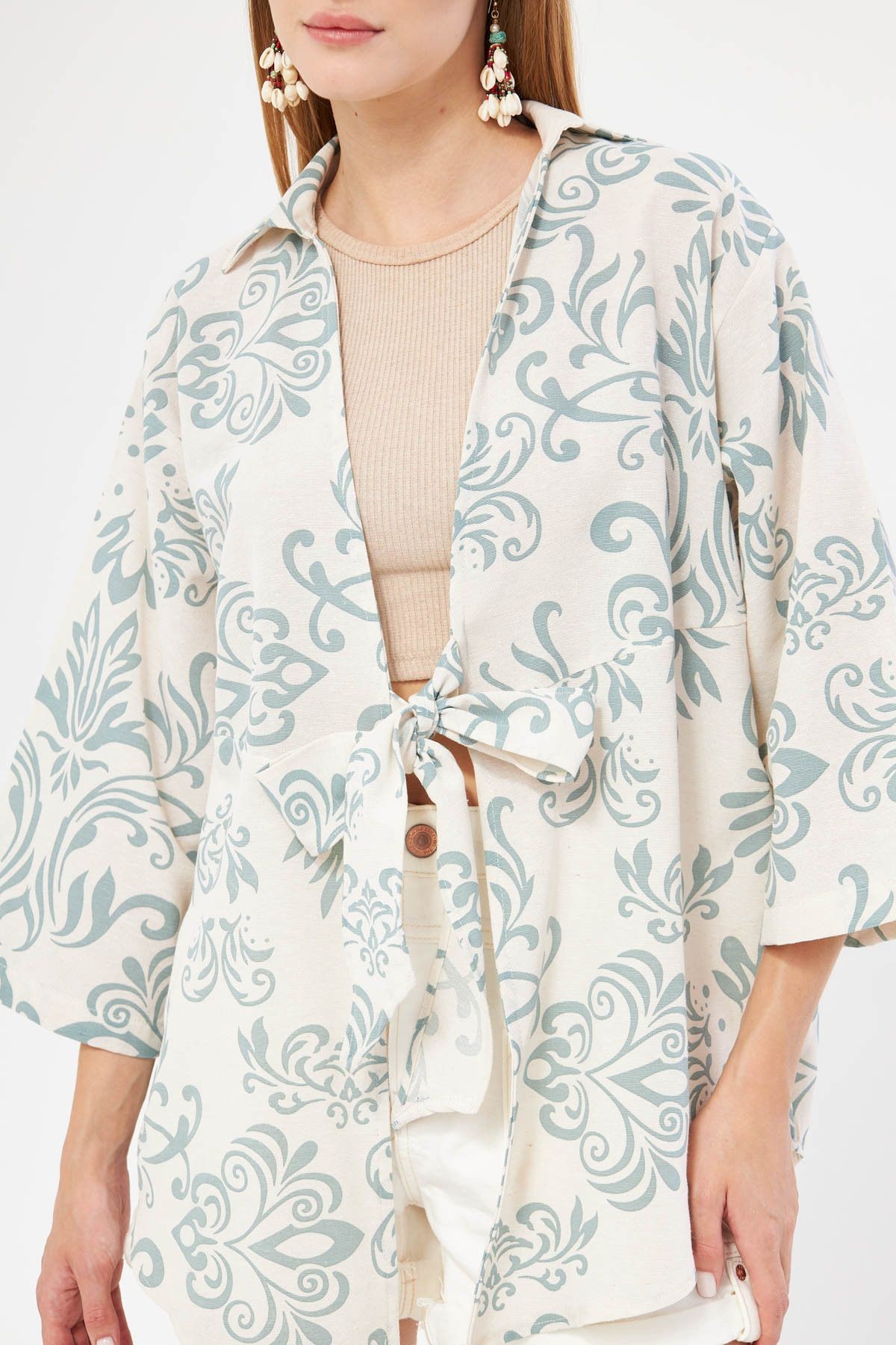 Kadın Mint Desenli Keten Görünümlü Önden Bağlamalı Kimono Gömlek ARM-24Y001079