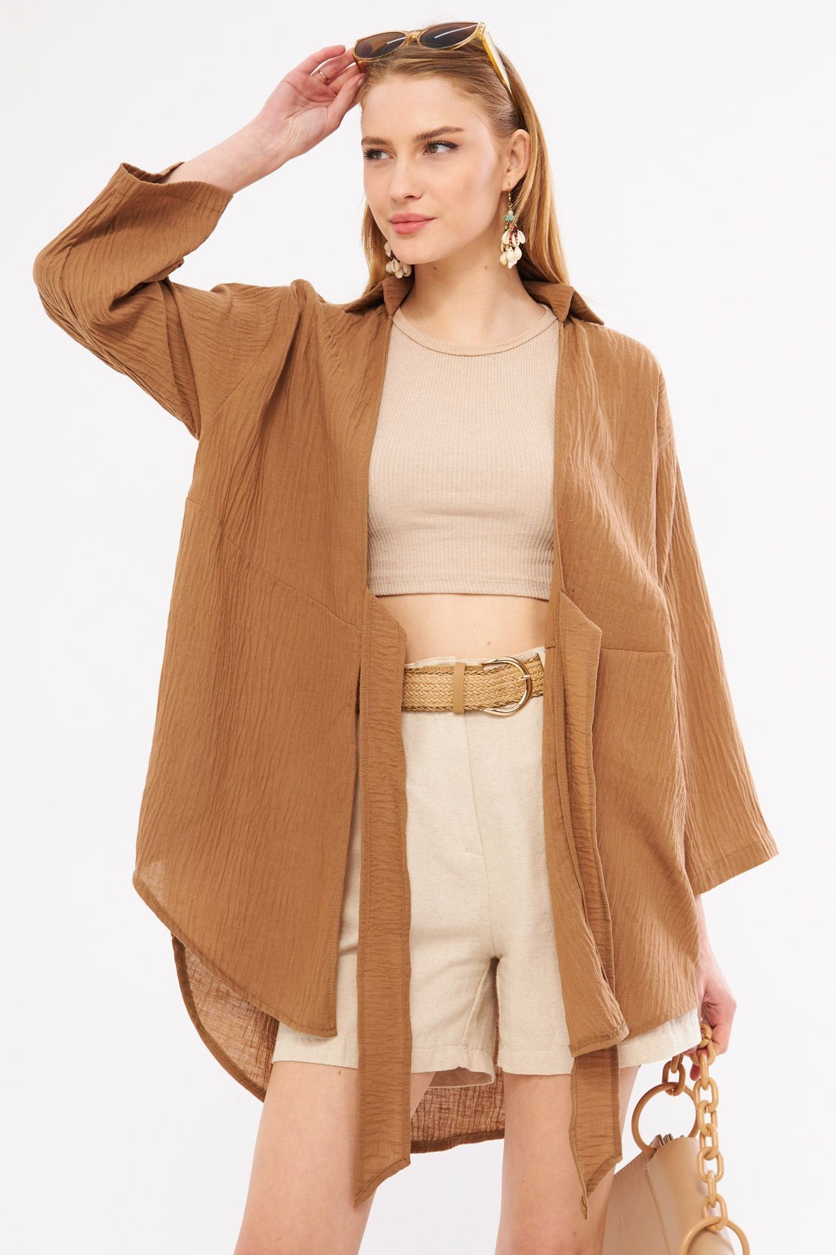 Kadın Kahve Keten Görünümlü Önden Bağlamalı Kimono Gömlek ARM-24Y001063