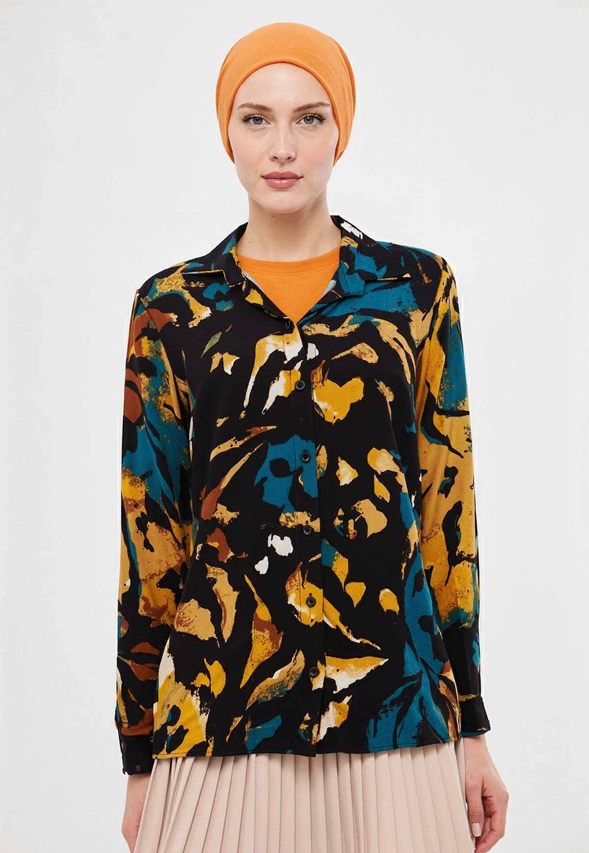 Kadın Siyah-Sarı Desenli Uzun Kollu Tesettür Gömlek ARM-26K001072