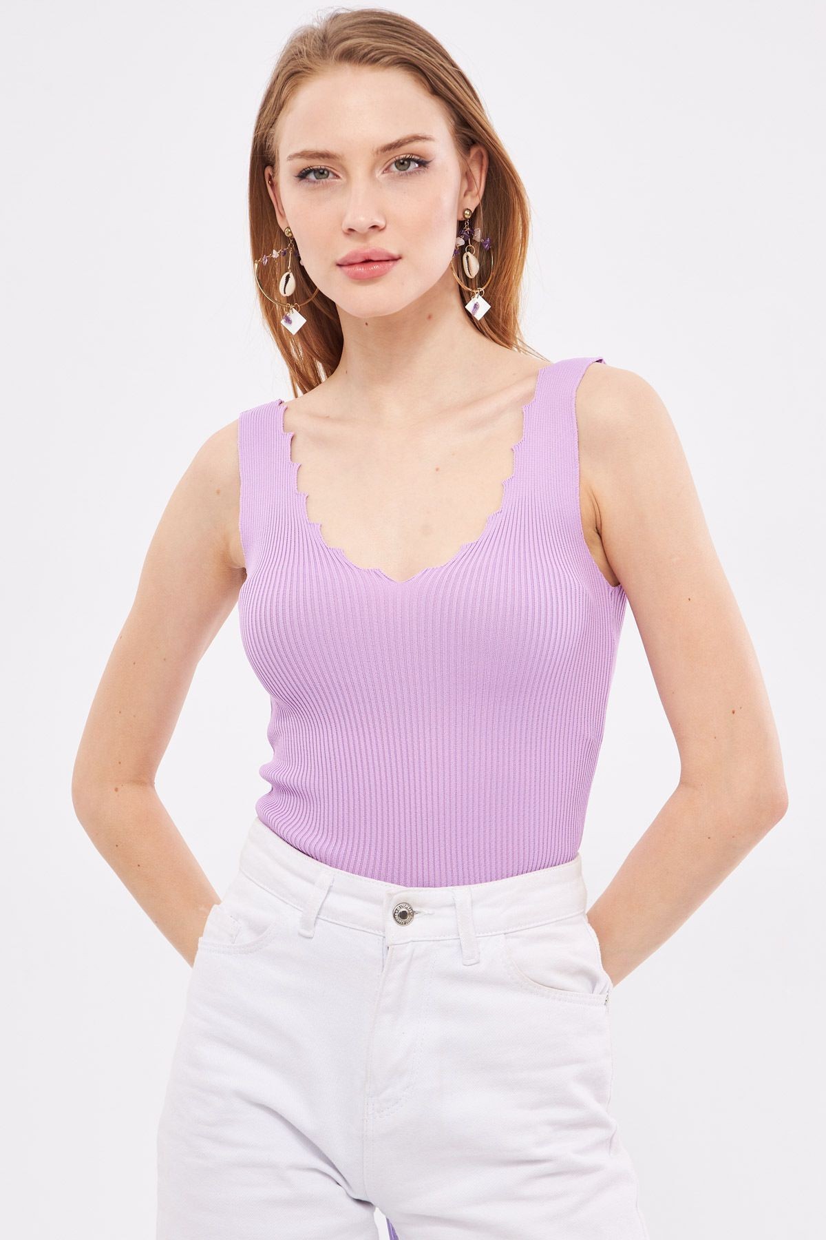 Kadın Lila Zigzaglı V Yaka Kaşkorse Bluz ARM-23Y069004