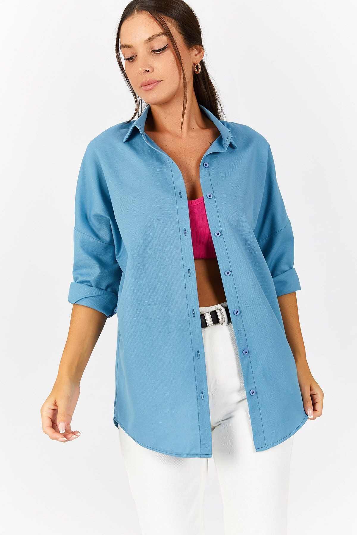 Kadın Buzmavi Oversize Uzun Basic Gömlek ARM-22Y001118