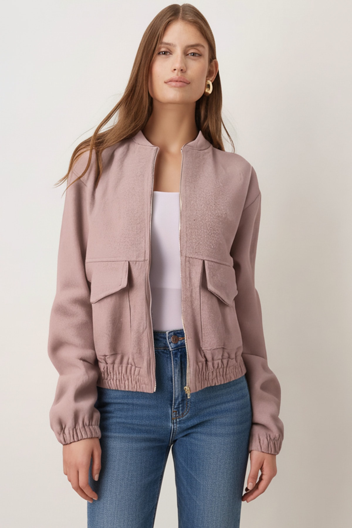 Kadın Bej Cepli Kolları Ve Beli Lastikli Bomber Kaşe Mont ARM-26K001027