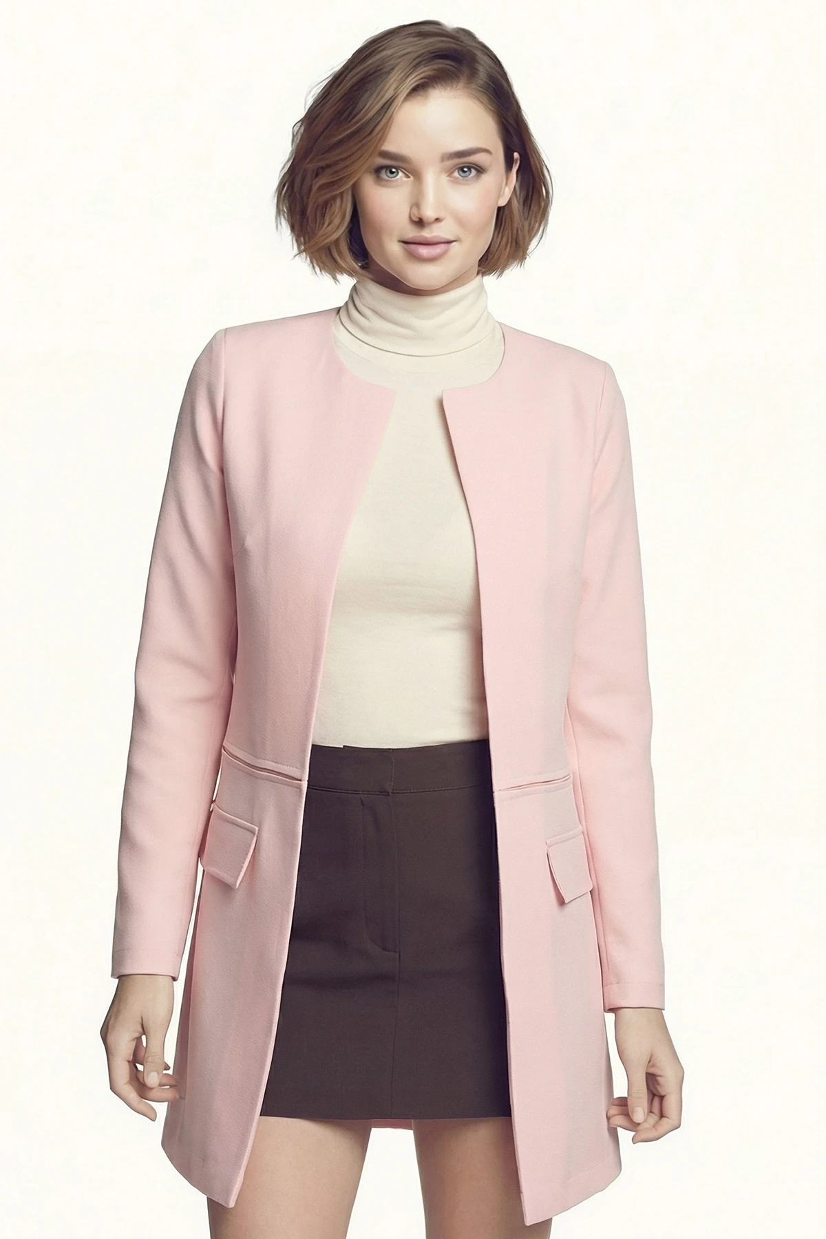 Kadın Pudra Beli Dikişli Uzun Ceket ARM-26K001017