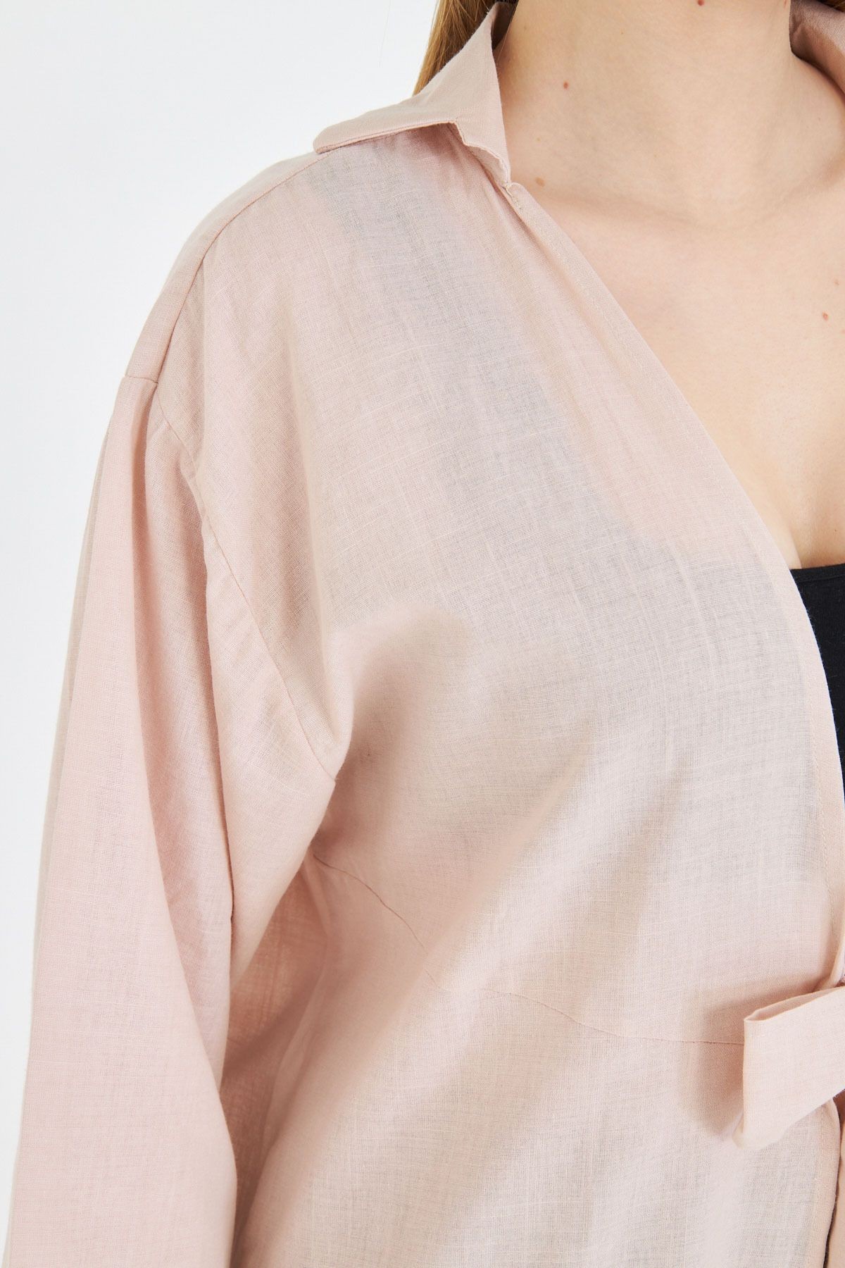 Kadın Bej Önden Bağlamalı İnce Keten Kumaş Midi Boy Kimono Gömlek ARM-24Y001081