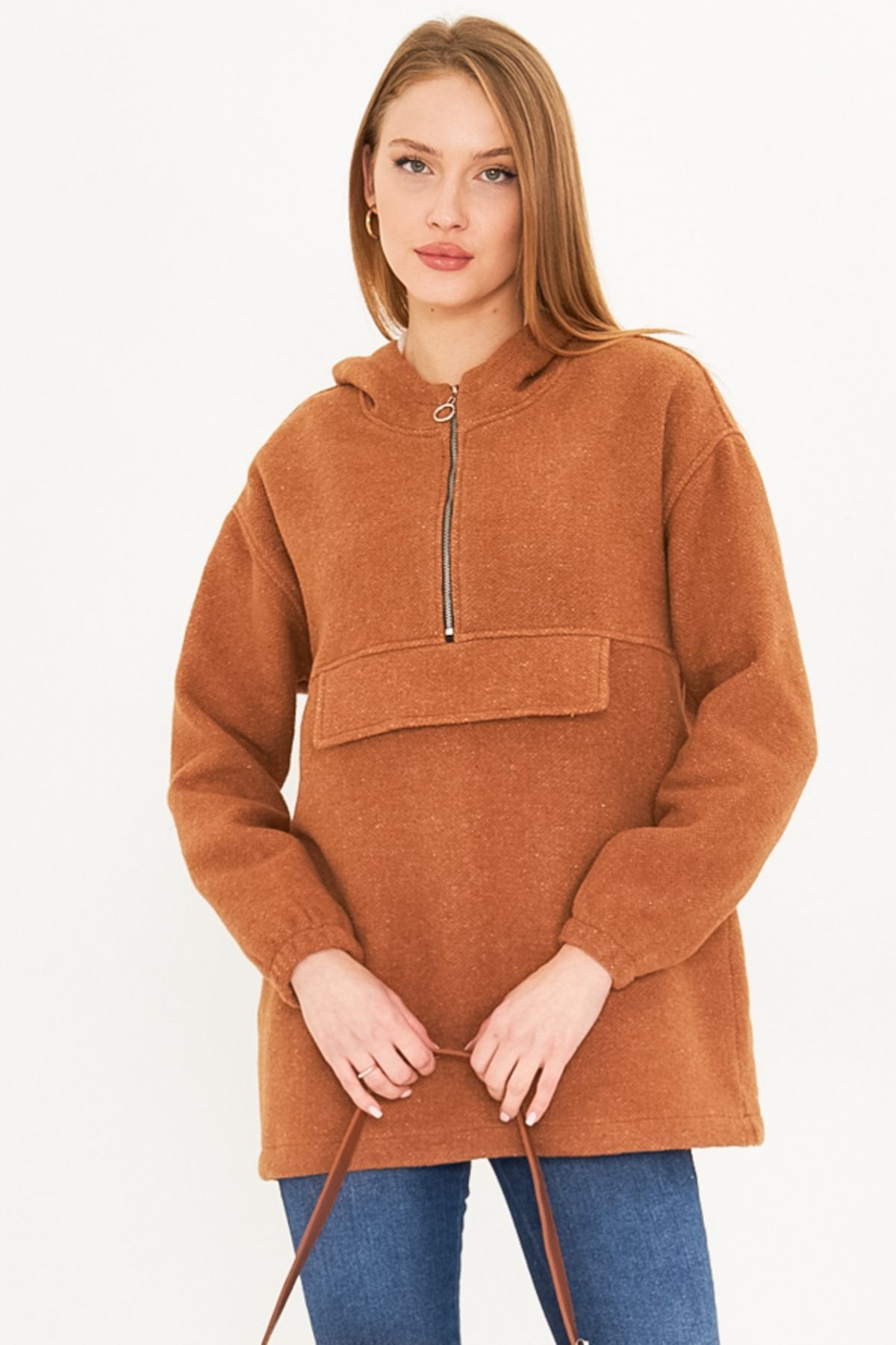 Kadın Taba Kapüşonlu Cep Kapaklı Kaşe Sweatshirt ARM-25K001097