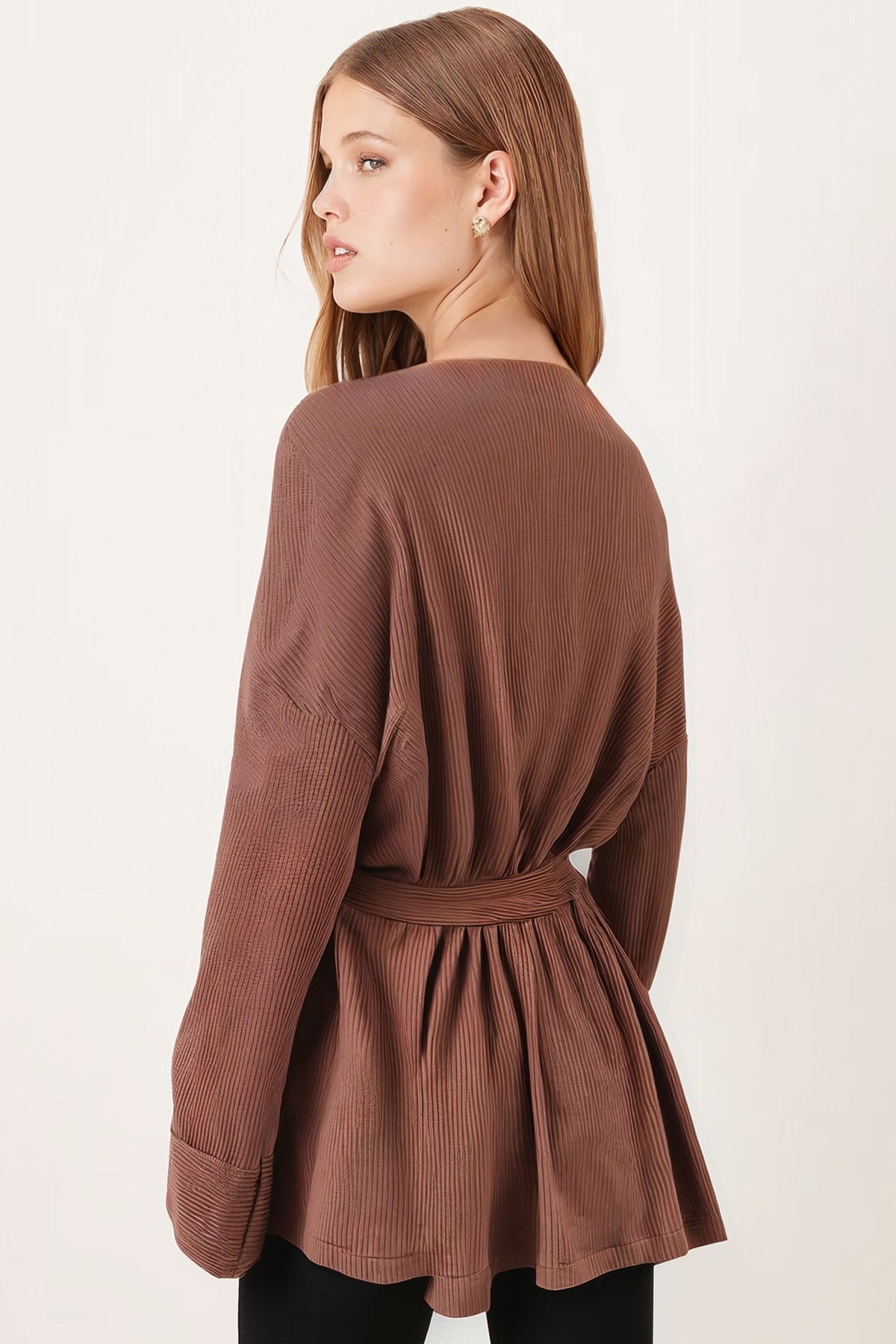 Kadın Açık Kahve Kemerli Triko Kimono ARM-26K001011