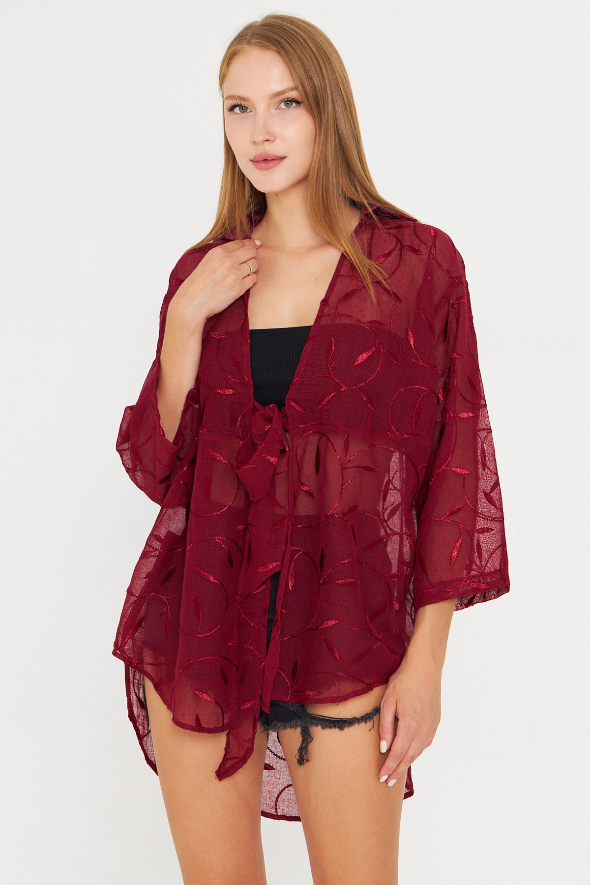 Kadın Bordo Önden Bağlamalı Kimono Gömlek ARM-25Y001108