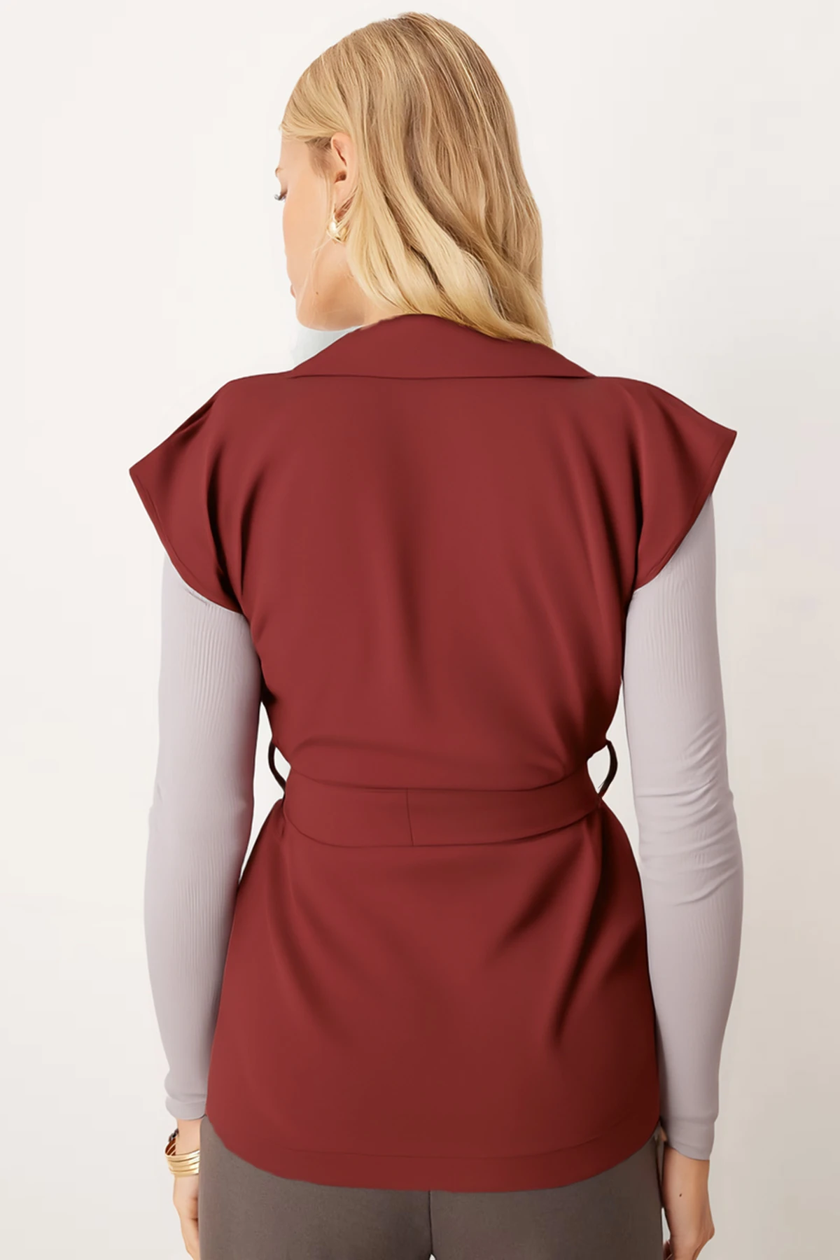 Kadın Kiremit Erkek Yaka Beli Kuşaklı Keten Görünümlü Yelek ARM-25Y001079