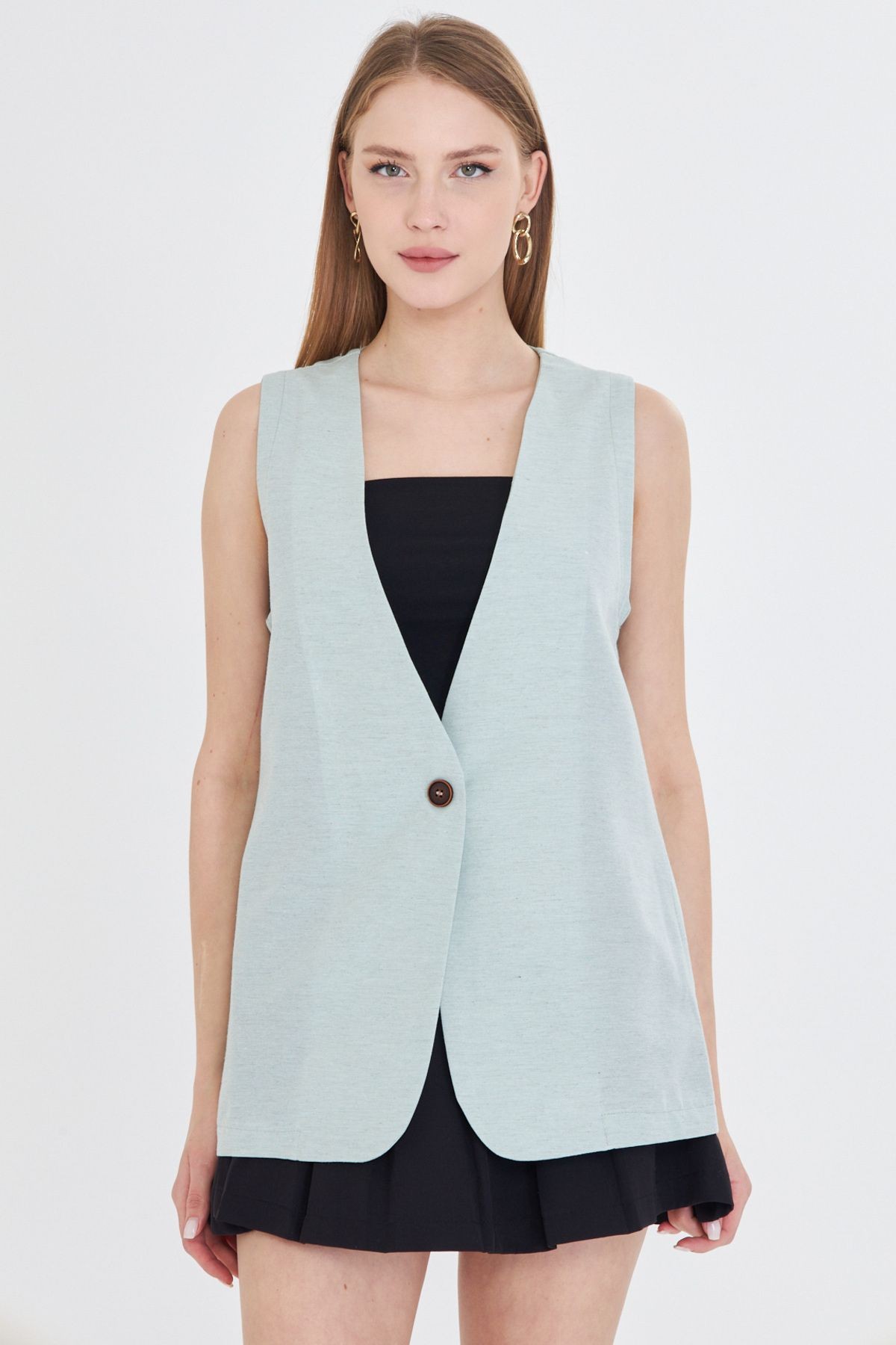 Kadın Mint V Yaka Tek Düğme Oversize Yelek ARM-25Y001036