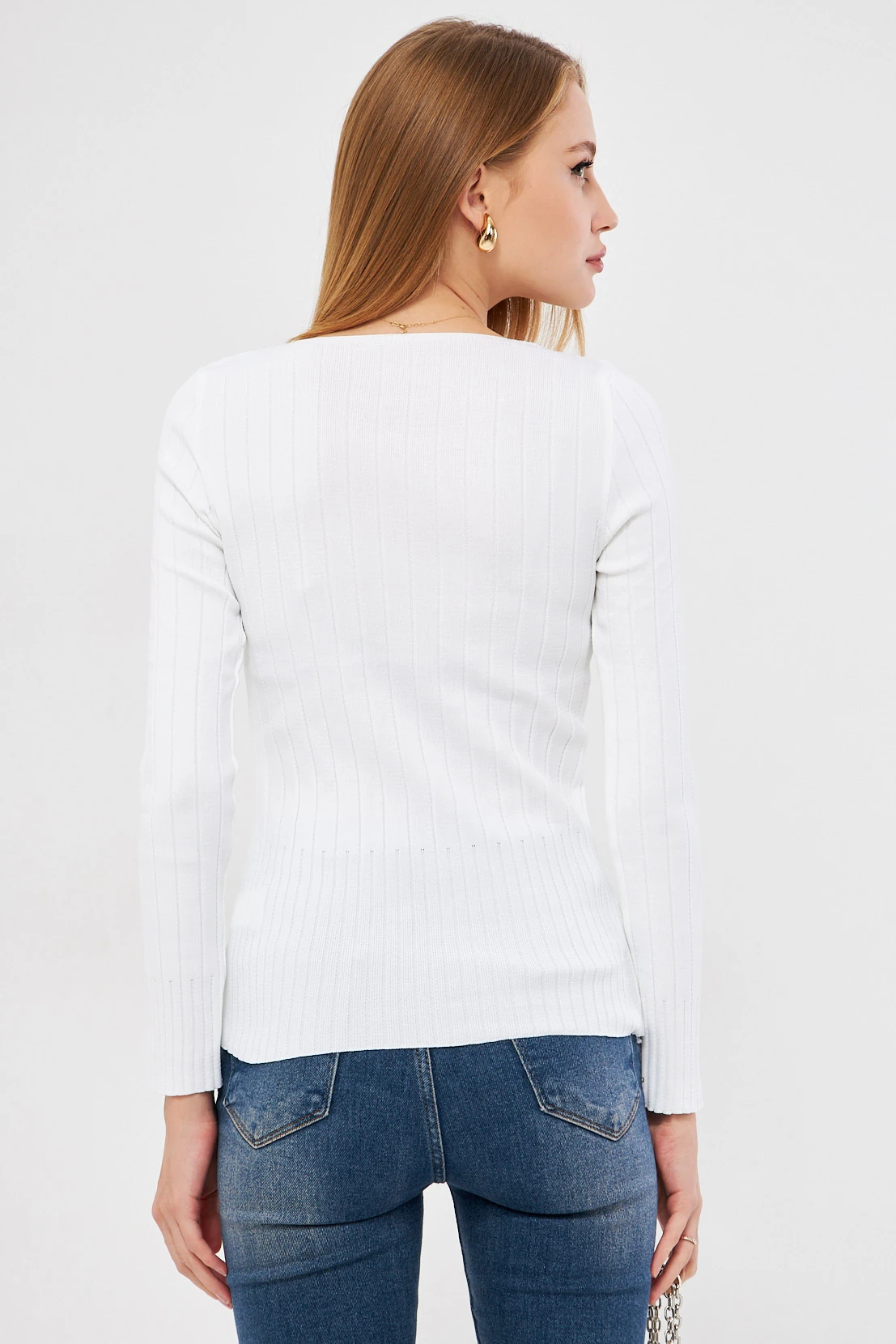 Kadın Beyaz Kare Yaka Likralı Triko Bluz ARM-25K069006