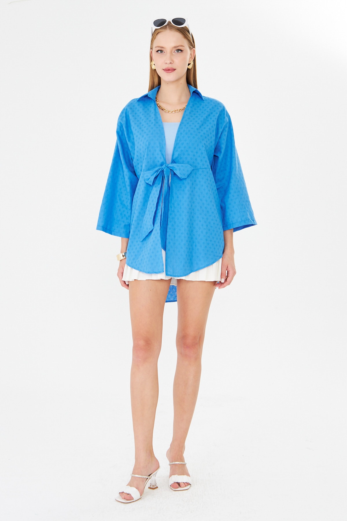 Kadın Mavi Önden Bağlamalı Kimono Gömlek ARM-25Y001108